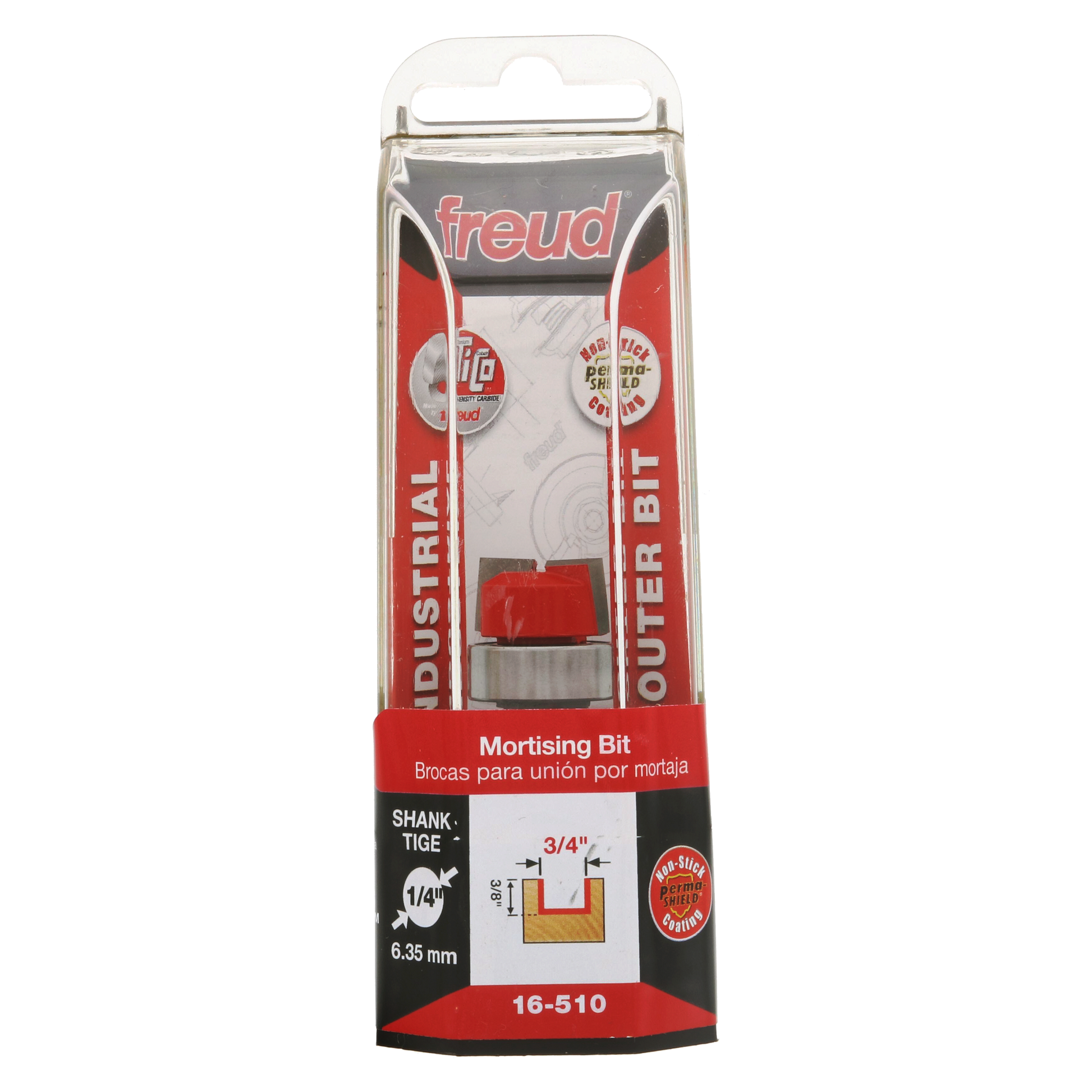 Freud 16-510 mortising bit with 3/4" diameter cutting head and 1/4" shank in clear plastic packaging.