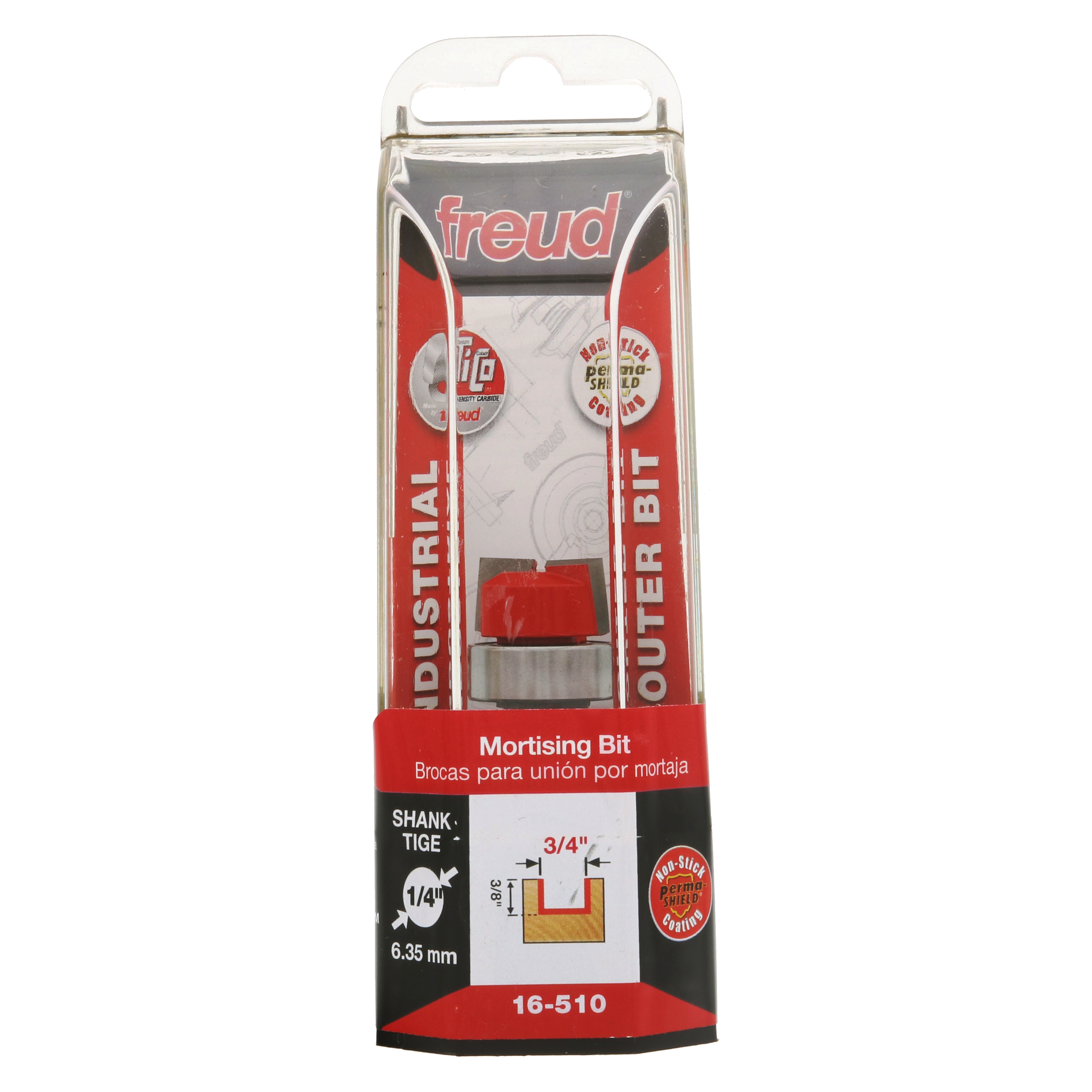 Freud 16-510 mortising bit with 3/4" diameter cutting head and 1/4" shank in clear plastic packaging.