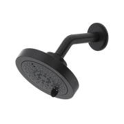 Black shower head with angled arm and wall mount, featuring multiple spray holes across circular face.