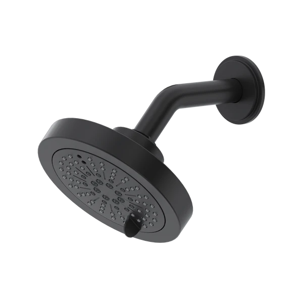 Black shower head with angled arm and wall mount, featuring multiple spray holes across circular face.