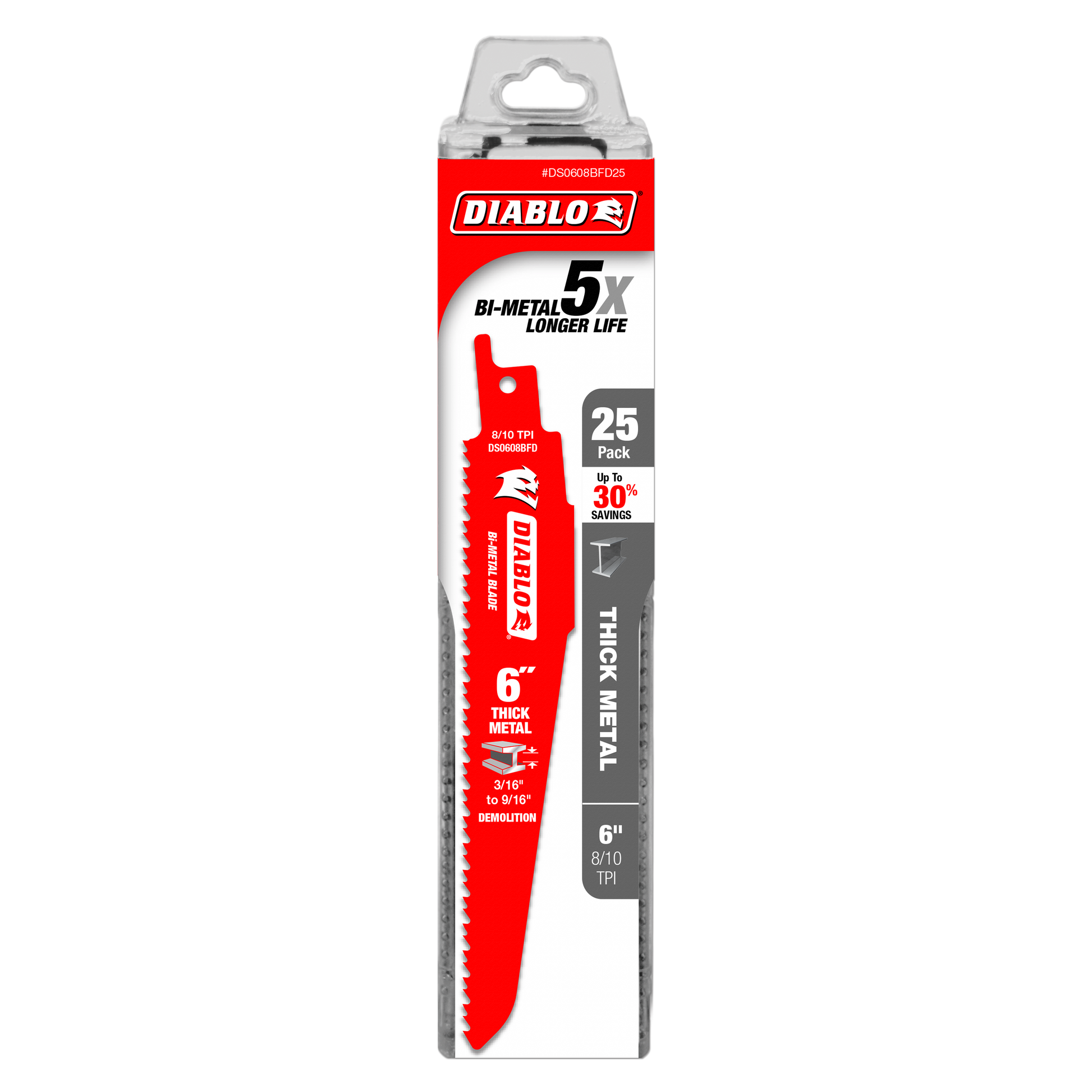 Diablo 6-inch bi-metal reciprocating saw blade with serrated edge in red packaging, 25-pack.