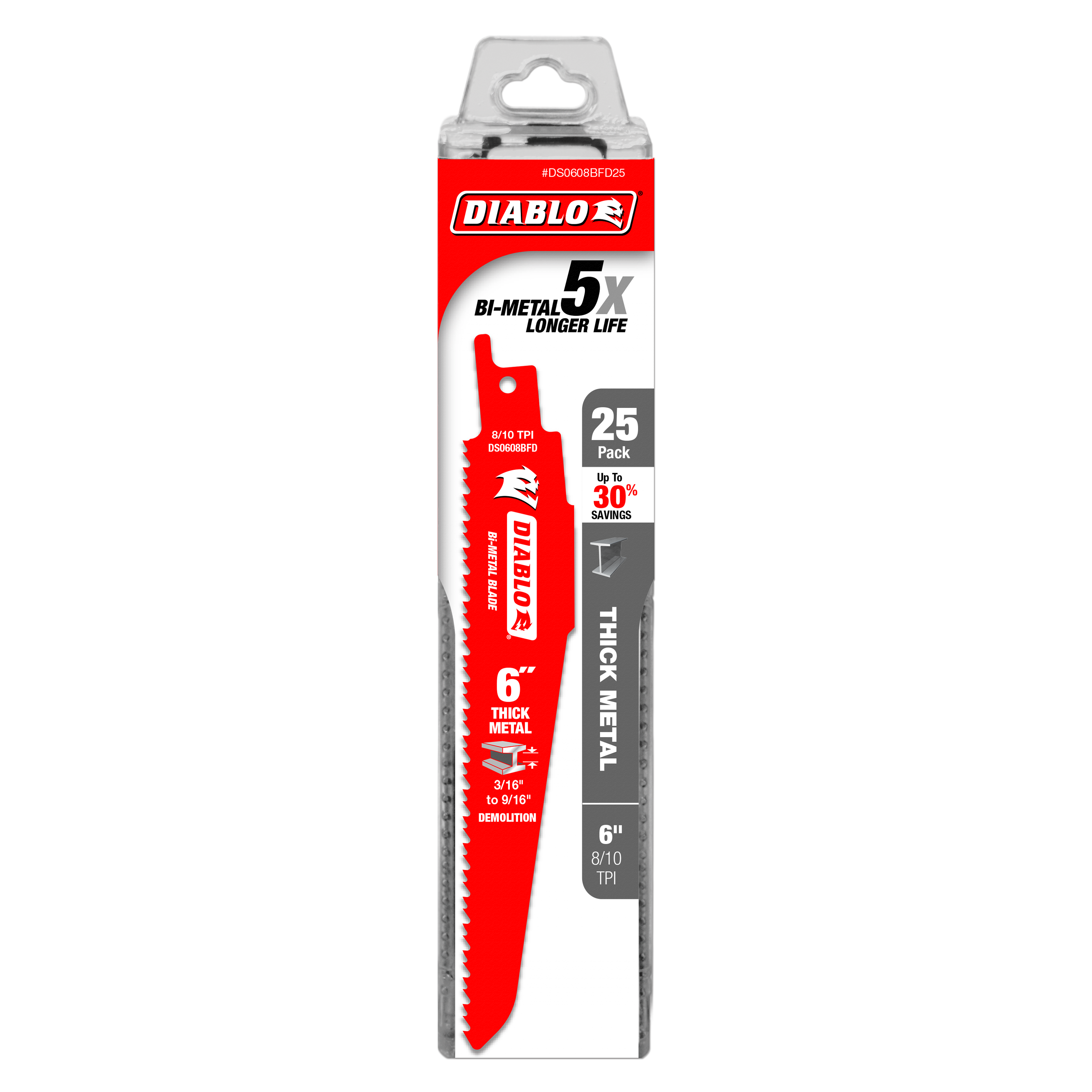 Diablo DS0608BFD25 6 in. Bi-Metal Recip Blade for Thick Metal/Demolition (3/16 in. to 9/16 in.) - 2 Packs of 25 (50 Total)