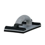 Rectangular hand sanding block with gray sanding surface, black rubber grip handles, and curved top handle for manual surface