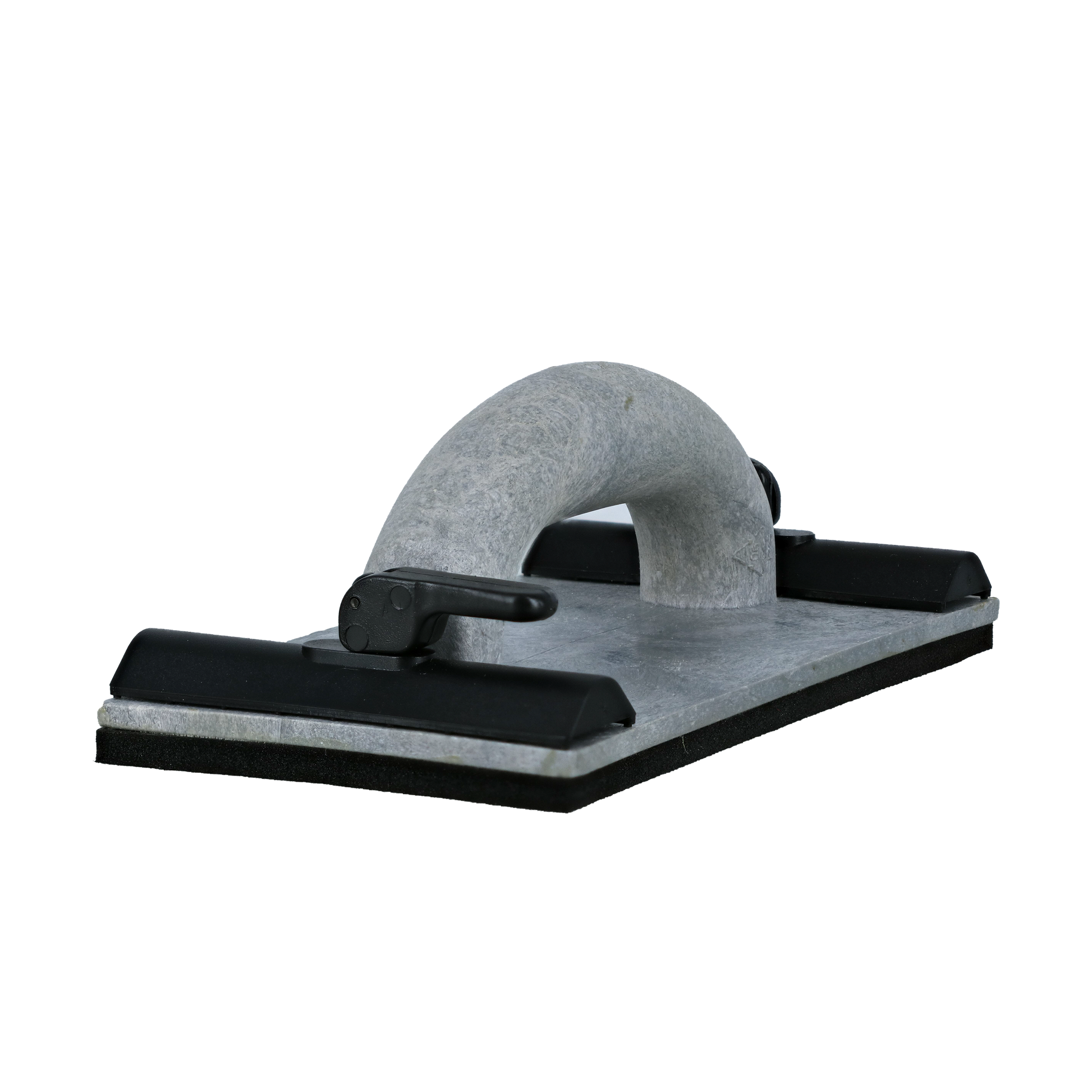 Rectangular hand sanding block with gray sanding surface, black rubber grip handles, and curved top handle for manual surface