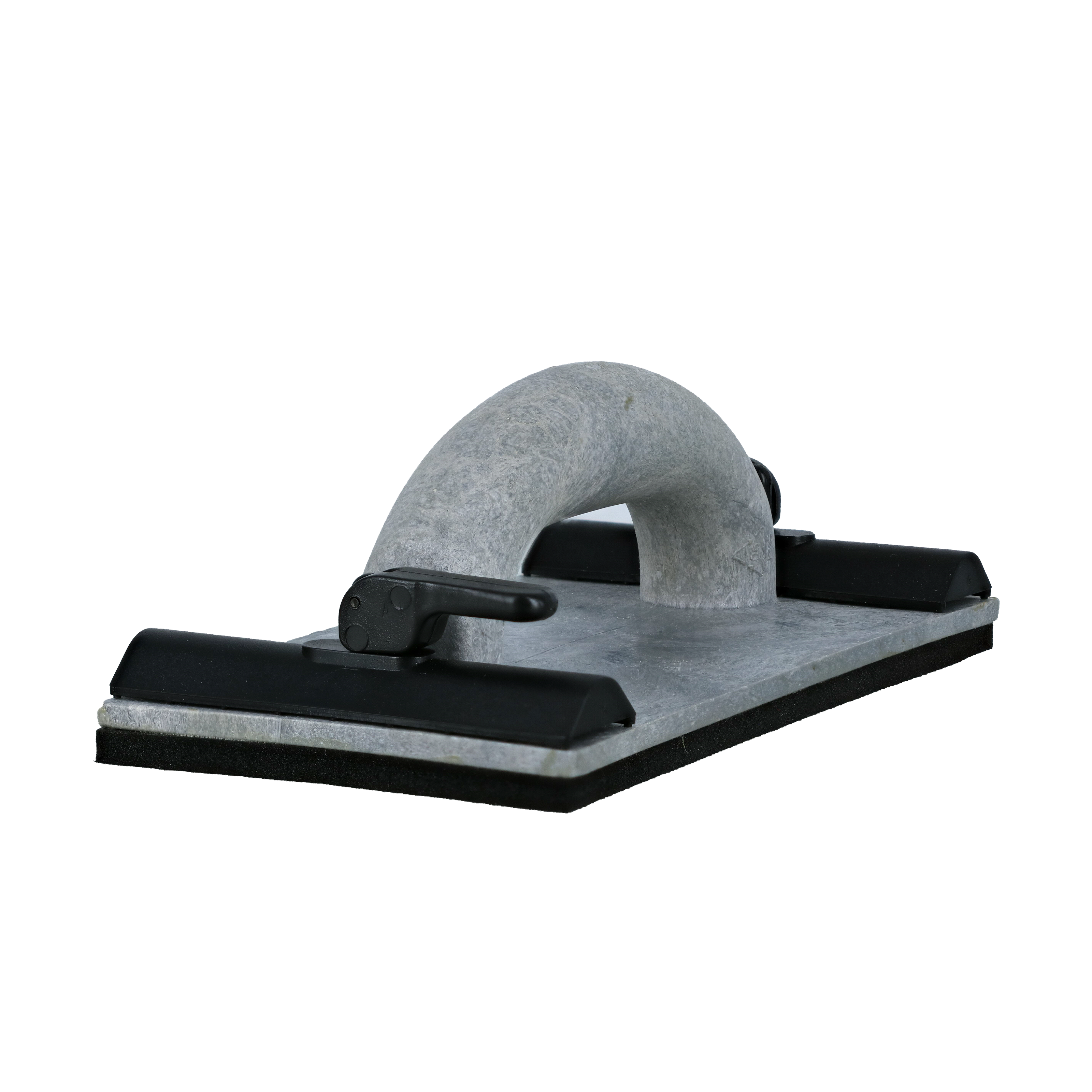 Rectangular hand sanding block with gray sanding surface, black rubber grip handles, and curved top handle for manual surface