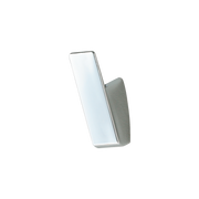 Polished chrome robe hook with rounded rectangular design and curved hook arm extending outward.
