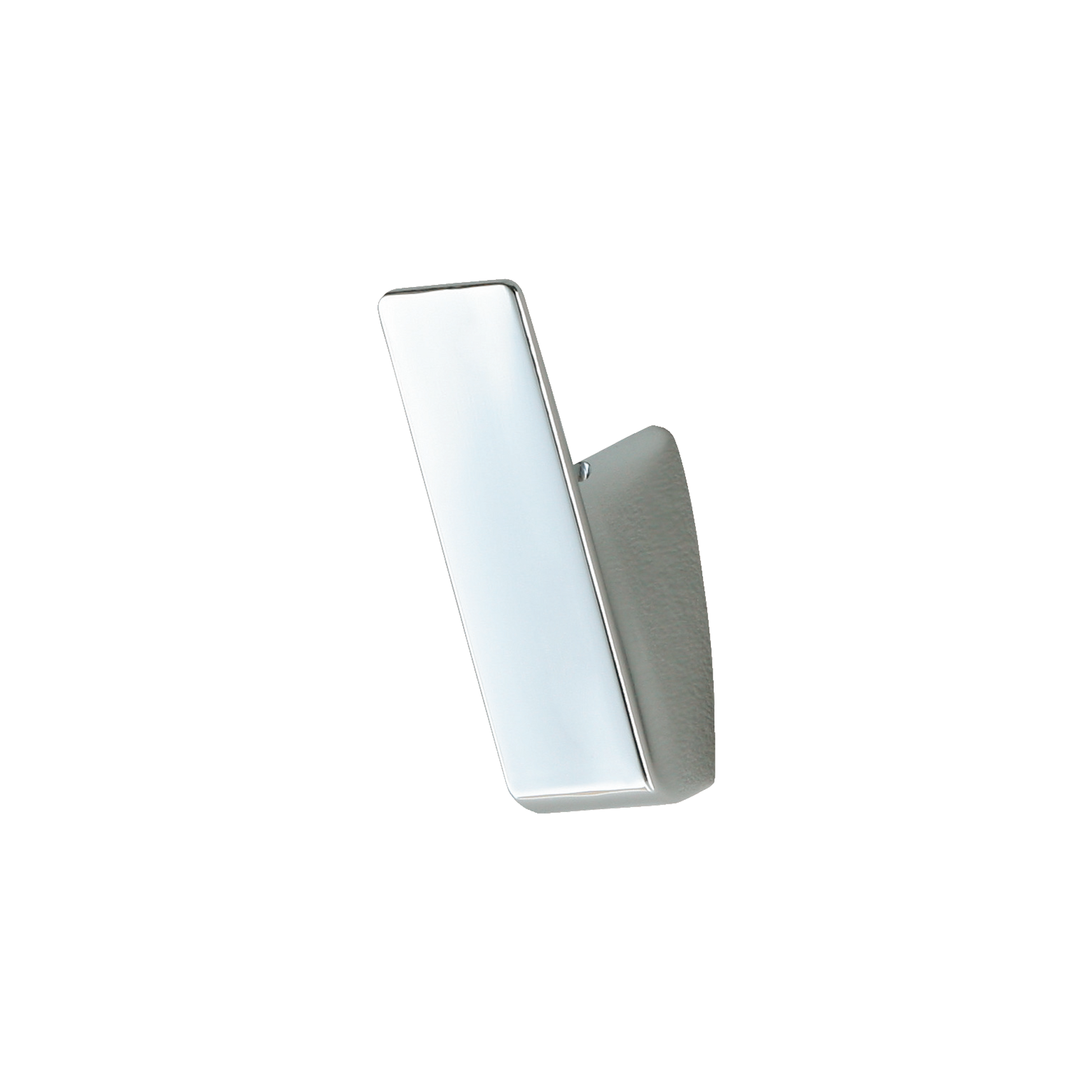 Polished chrome robe hook with rounded rectangular design and curved hook arm extending outward.