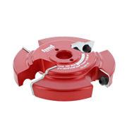 Red and pink router cutter head with multiple cutting blades and adjustment knobs mounted on circular base.