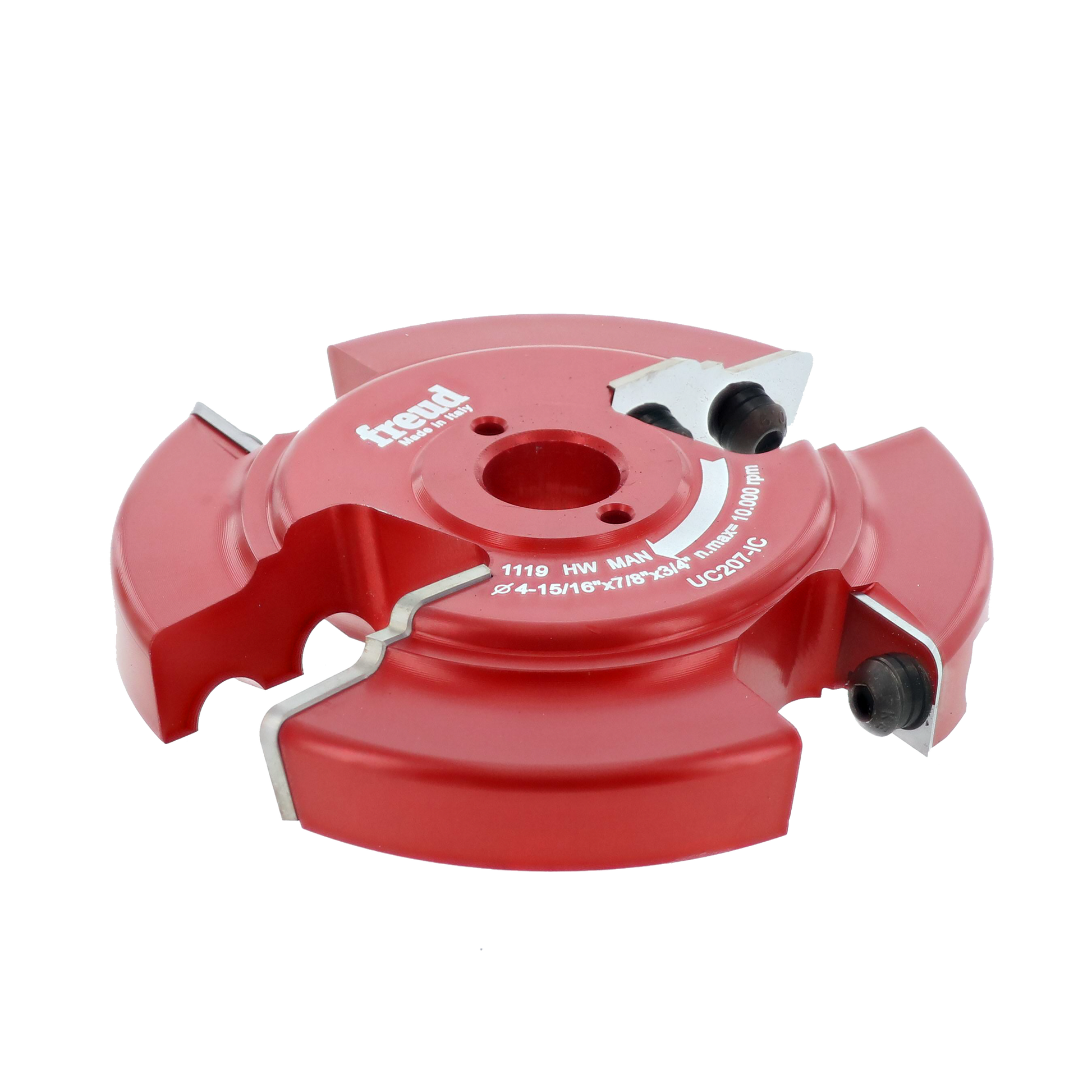 Red and pink router cutter head with multiple cutting blades and adjustment knobs mounted on circular base.