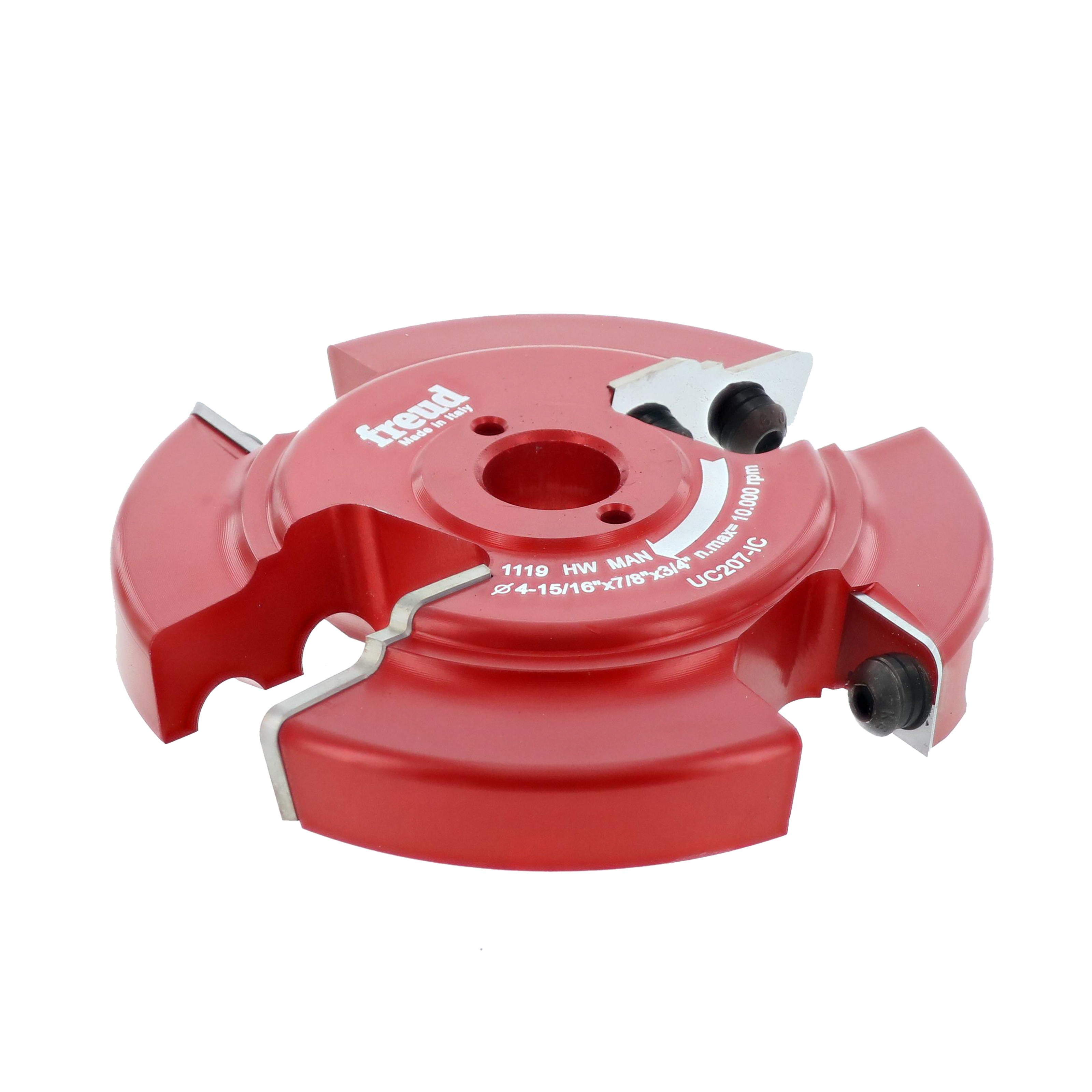 Red and pink router cutter head with multiple cutting blades and adjustment knobs mounted on circular base.