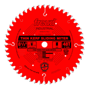 Red circular saw blade with 48 teeth, 8 1/2 inch diameter, thin kerf design, labeled for sliding miter saws.