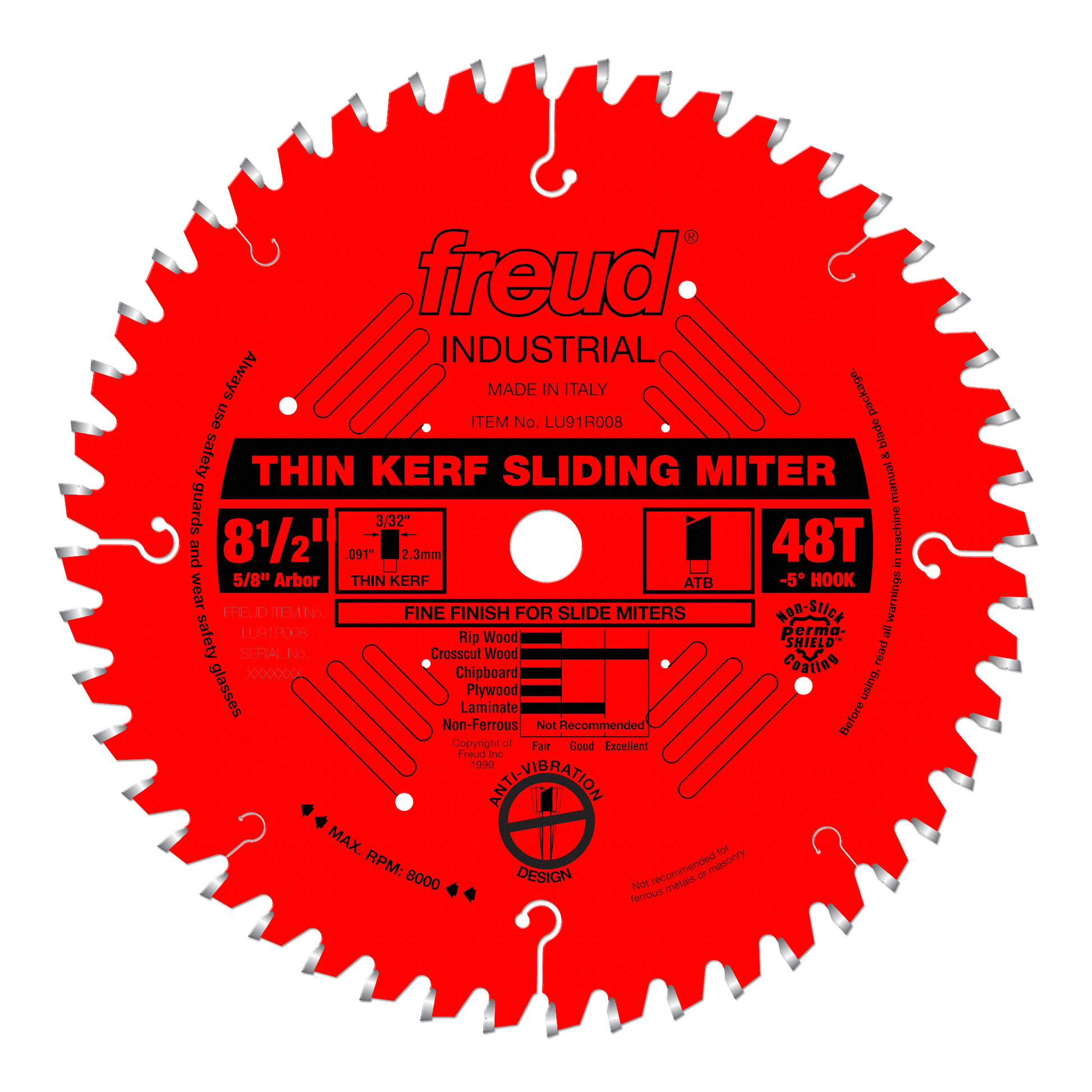 Red circular saw blade with 48 teeth, 8 1/2 inch diameter, thin kerf design, labeled for sliding miter saws.
