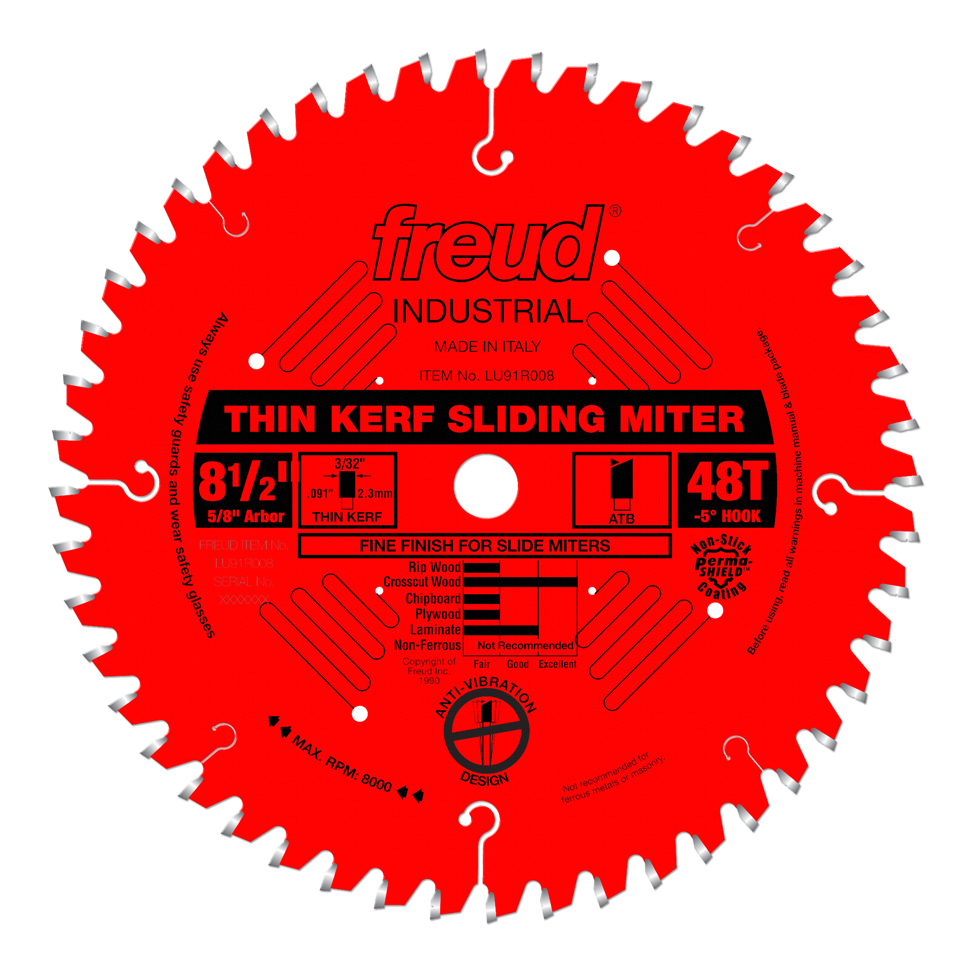Red circular saw blade with 48 teeth, 8 1/2 inch diameter, thin kerf design, labeled for sliding miter saws.