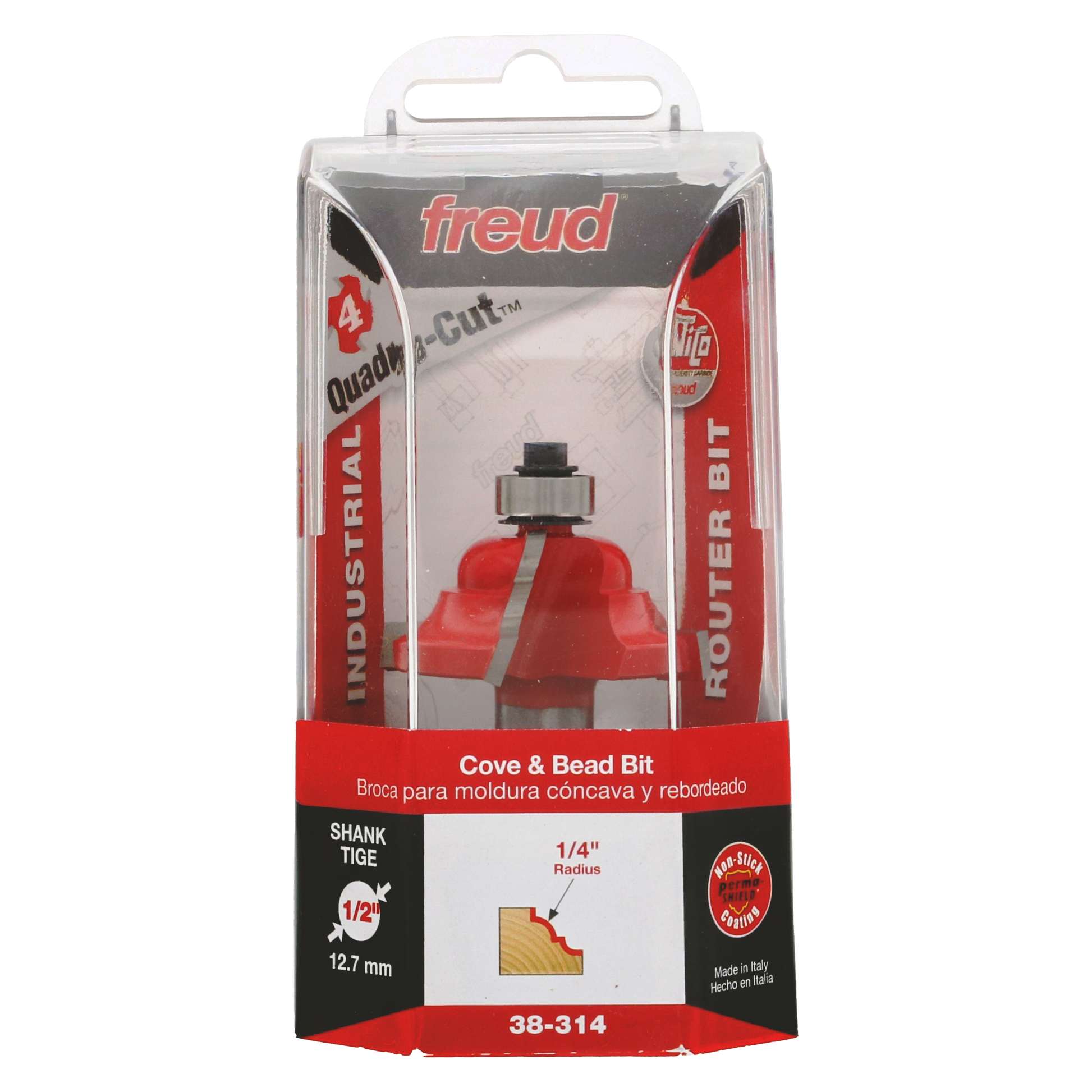 Freud 38-314 red cove and bead router bit with 1/2" shank in clear plastic clamshell packaging.