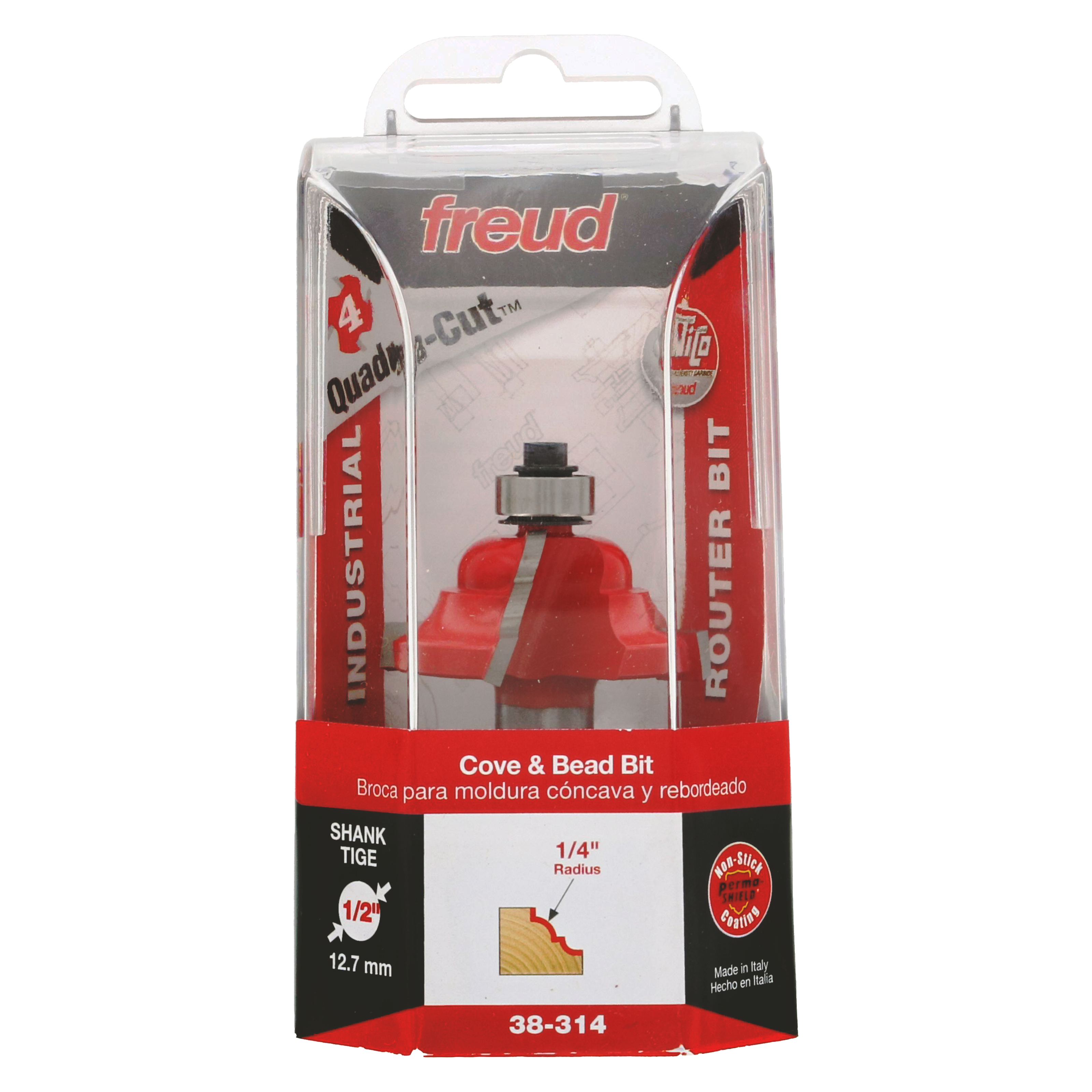 Freud 38-314 red cove and bead router bit with 1/2" shank in clear plastic clamshell packaging.