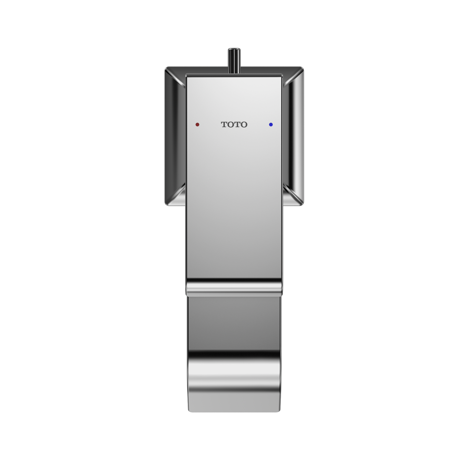 Polished chrome single-handle bathroom sink faucet with rectangular body, side lever handles, and vertical spout.