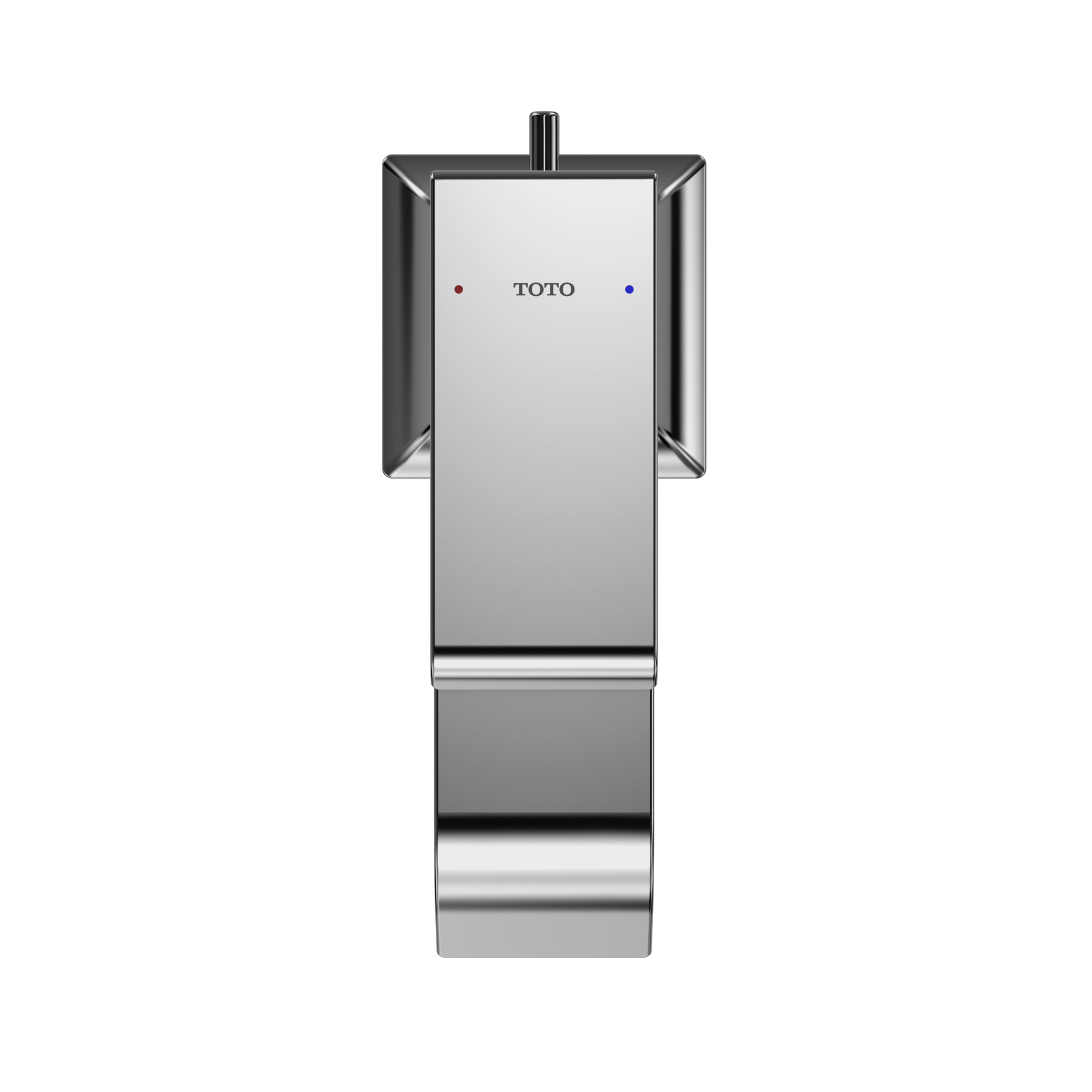 Polished chrome single-handle bathroom sink faucet with rectangular body, side lever handles, and vertical spout.