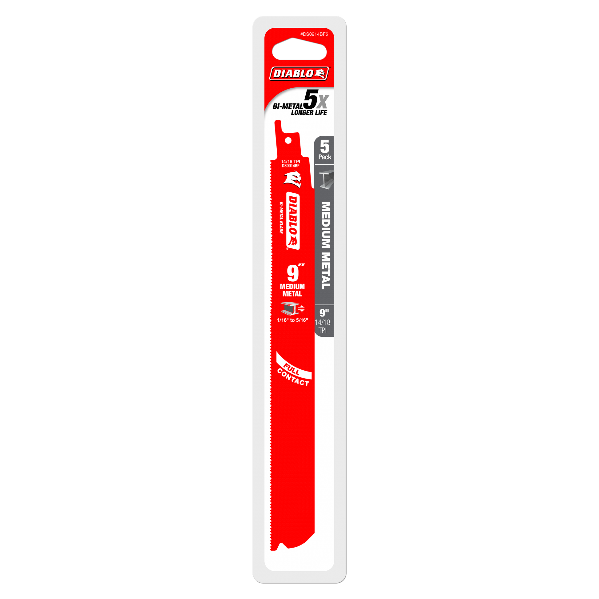 Five Diablo bi-metal reciprocating saw blades with red cutting edges in clear plastic packaging.
