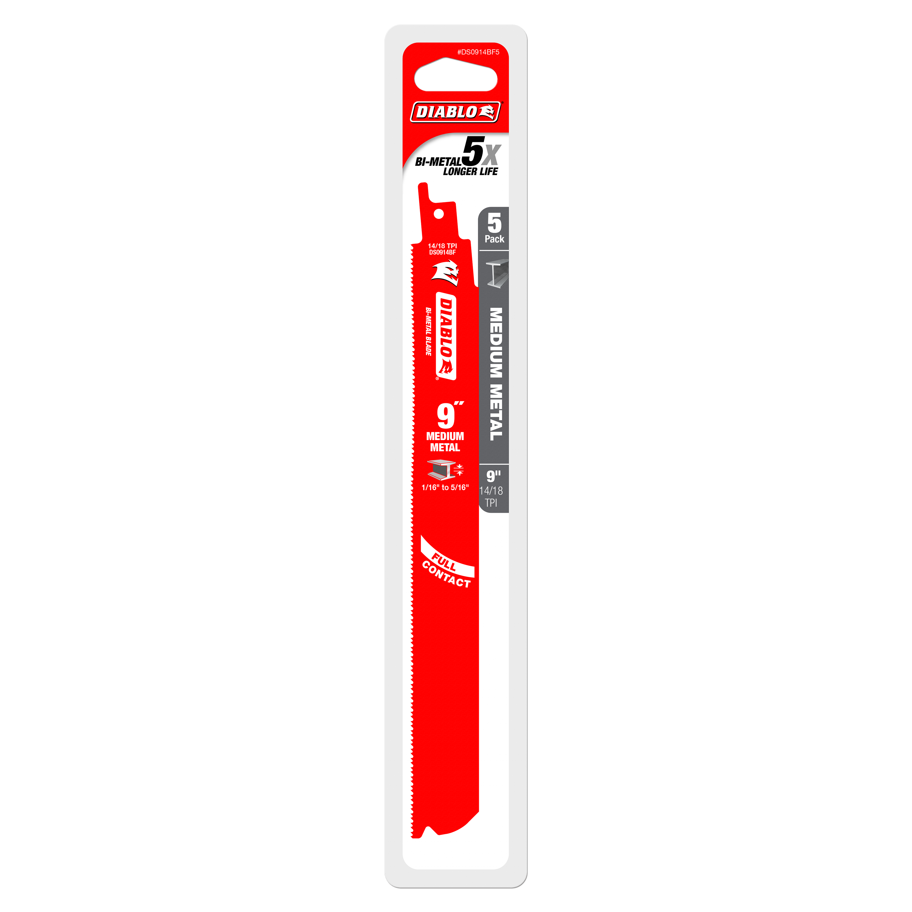 Five Diablo bi-metal reciprocating saw blades with red cutting edges in clear plastic packaging.