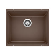 Cafe brown single bowl undermount sink with chrome drain strainer and mounting holes.