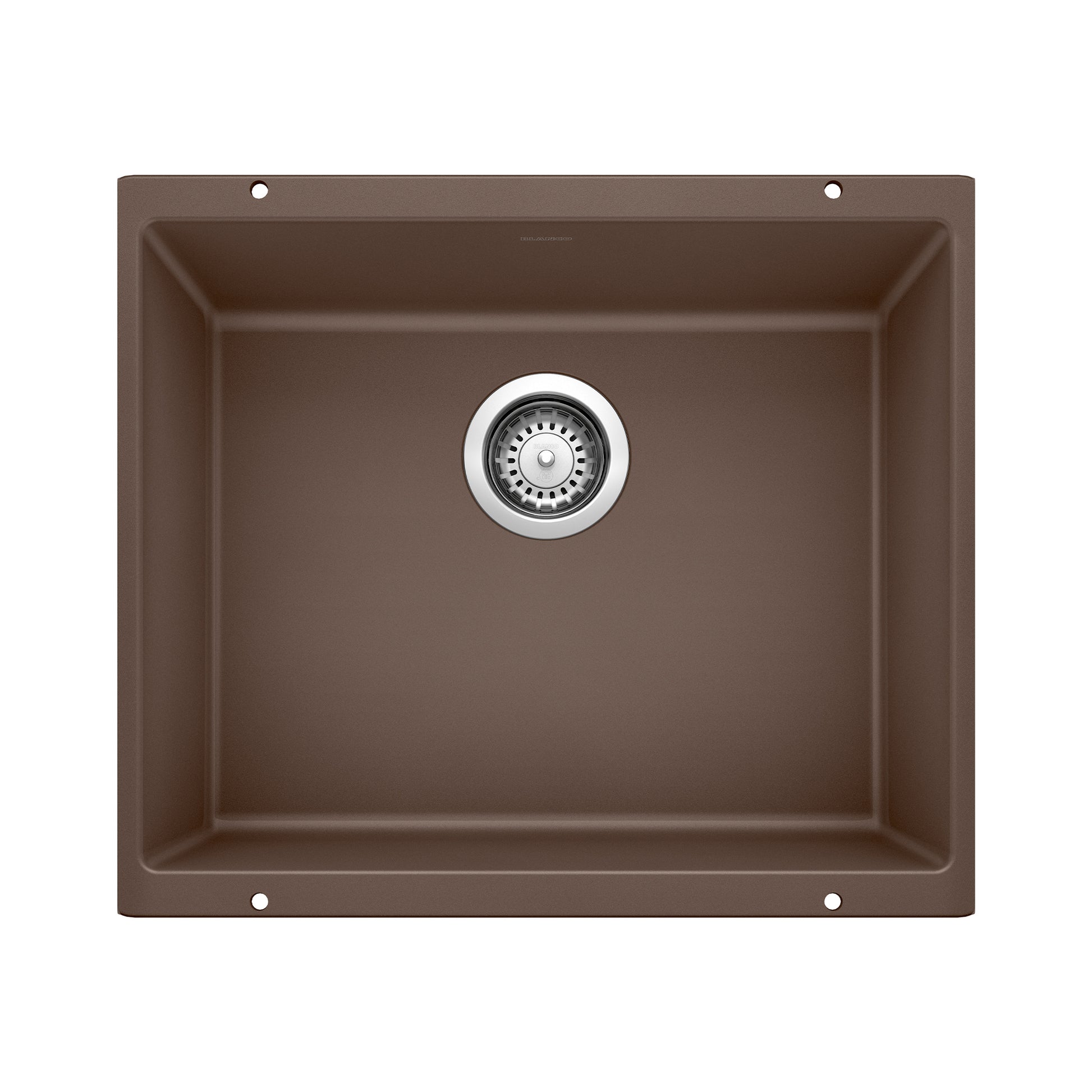 Cafe brown single bowl undermount sink with chrome drain strainer and mounting holes.