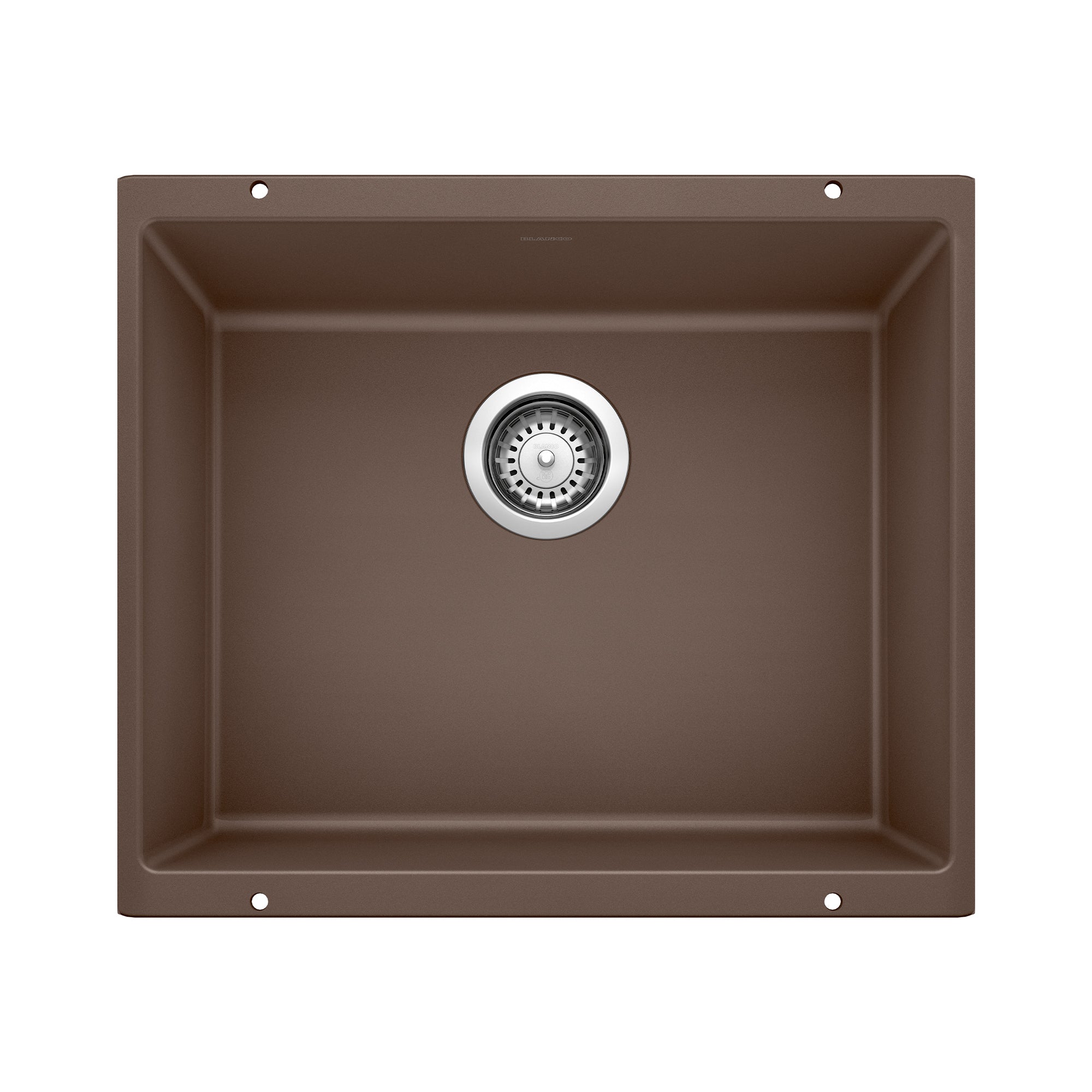 Cafe brown single bowl undermount sink with chrome drain strainer and mounting holes.