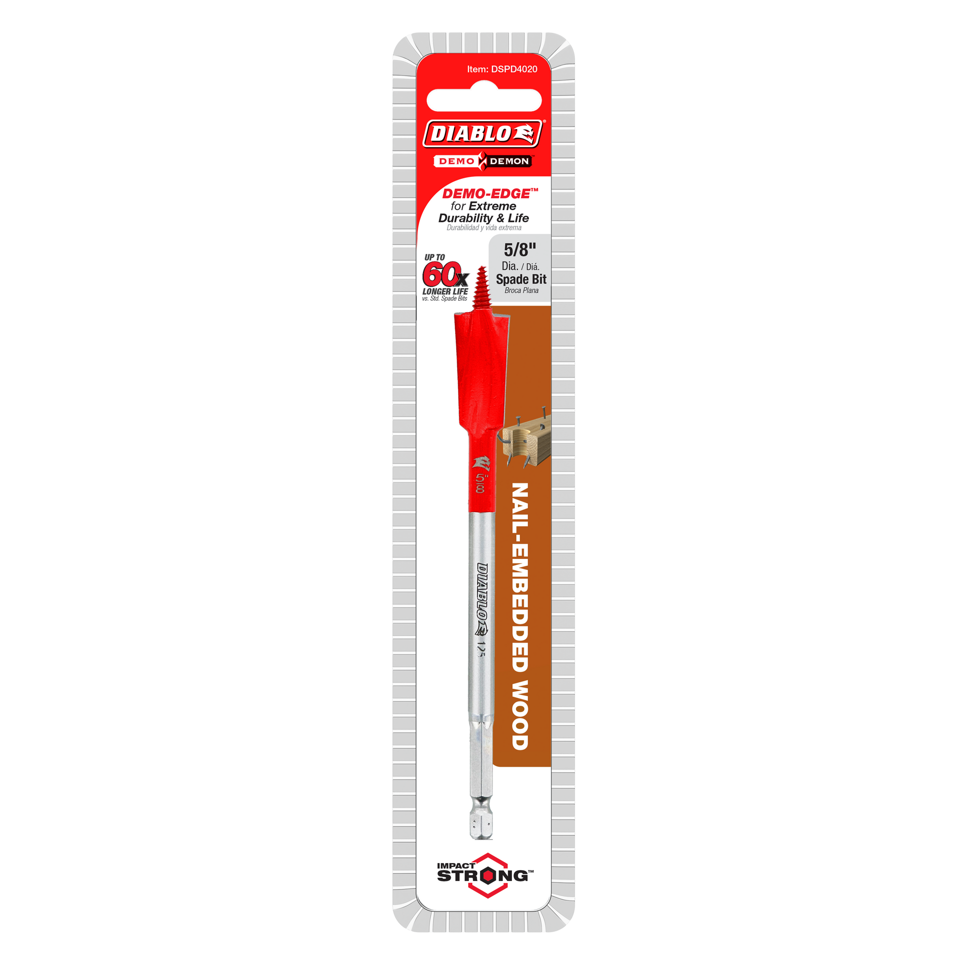 Diablo 5/8 in. spade bit with red flutes and silver shaft in retail packaging labeled for nail-embedded wood drilling.