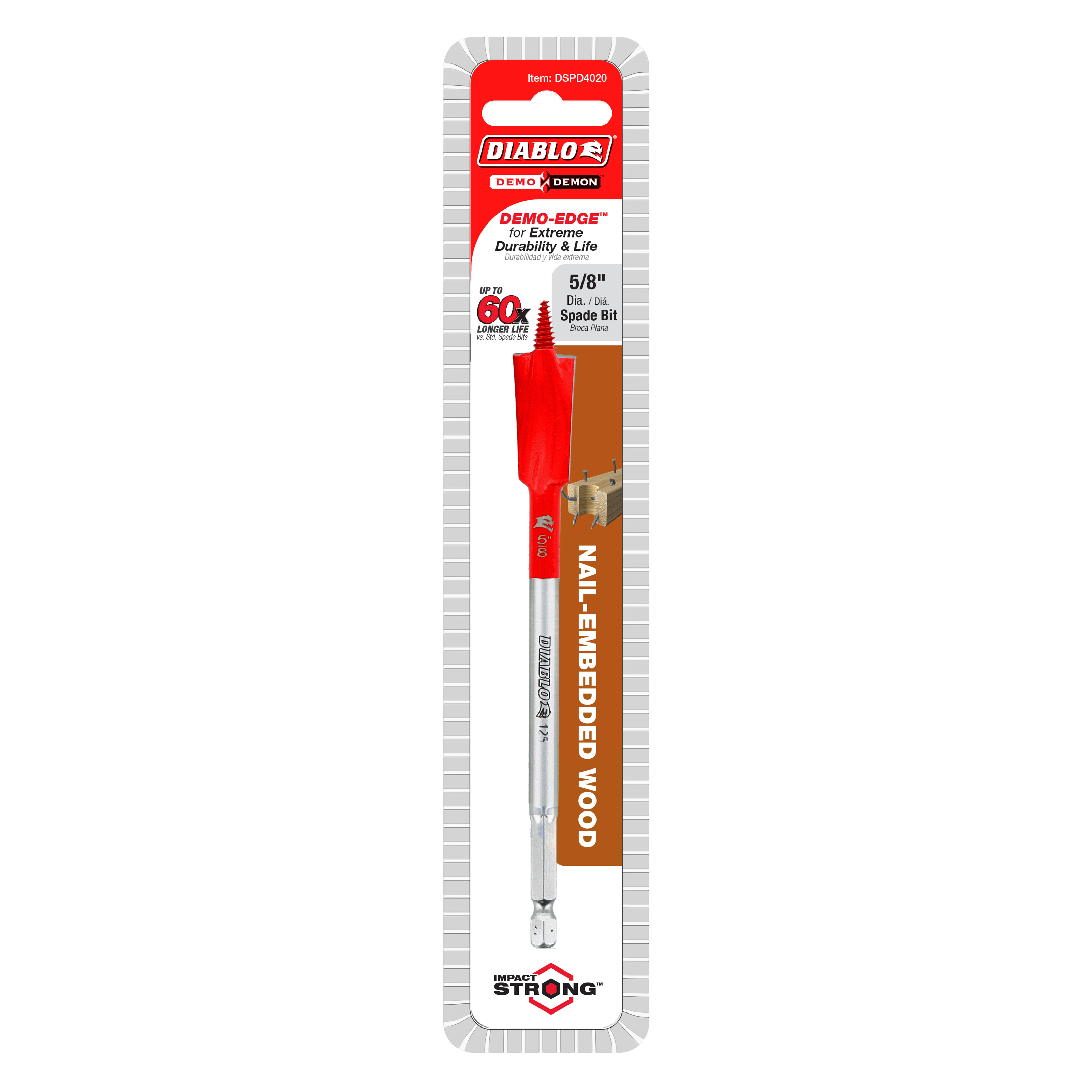 Diablo 5/8 in. spade bit with red flutes and silver shaft in retail packaging labeled for nail-embedded wood drilling.