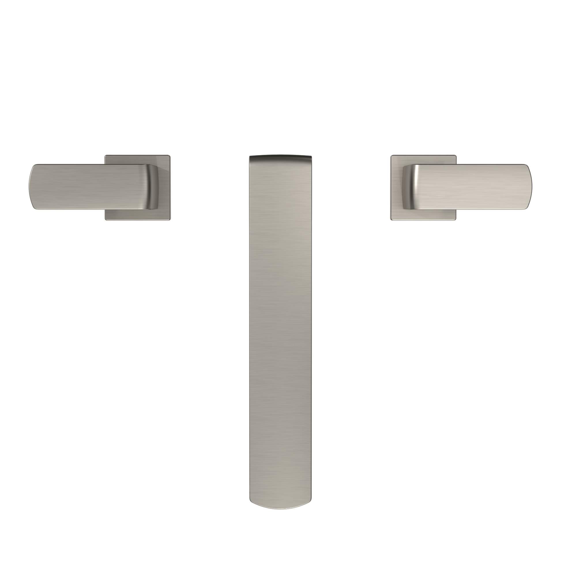 Brushed nickel two-handle roman tub filler trim with tall central spout and cylindrical side handles.
