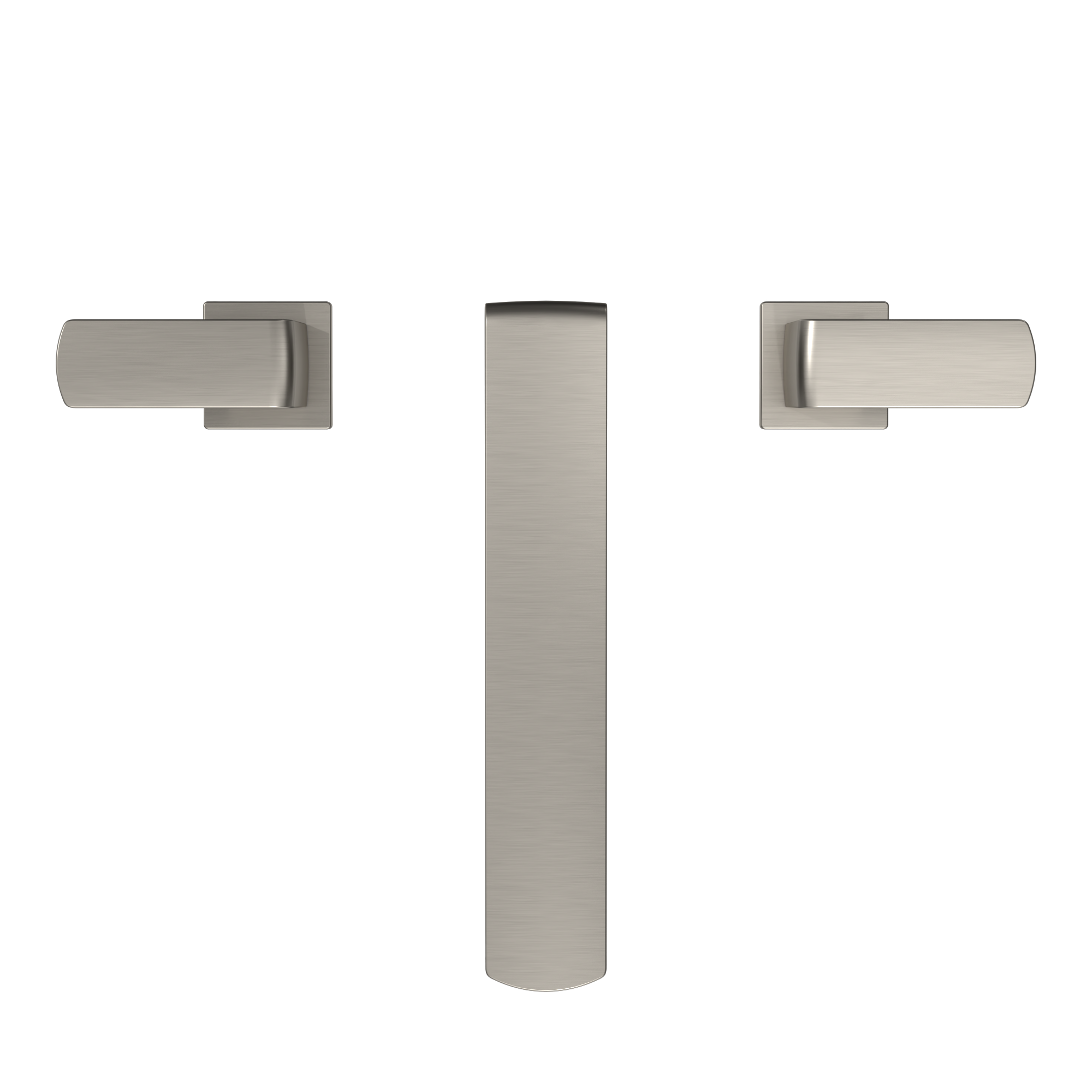 Brushed nickel two-handle roman tub filler trim with tall central spout and cylindrical side handles.
