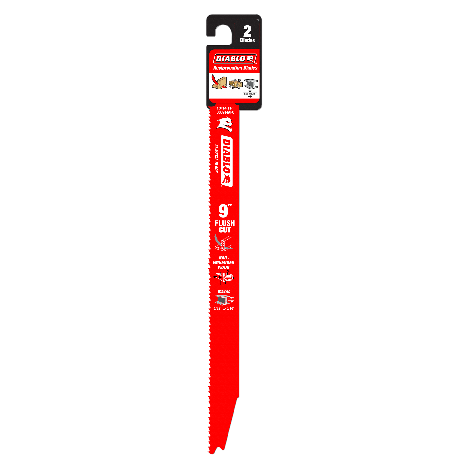 Two 9-inch Diablo flush cut reciprocating saw blades with red packaging and black hang tab.