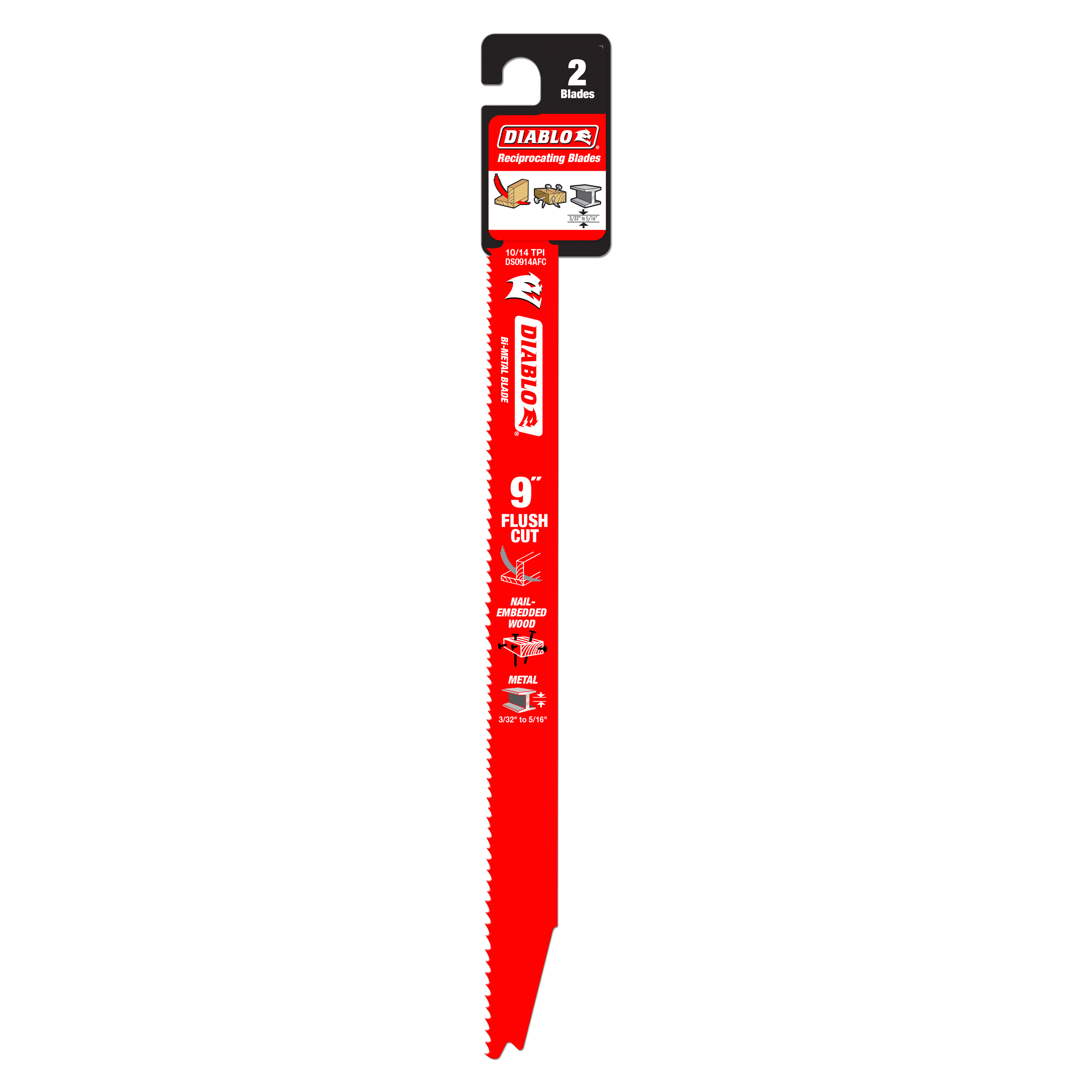 Two 9-inch Diablo flush cut reciprocating saw blades with red packaging and black hang tab.