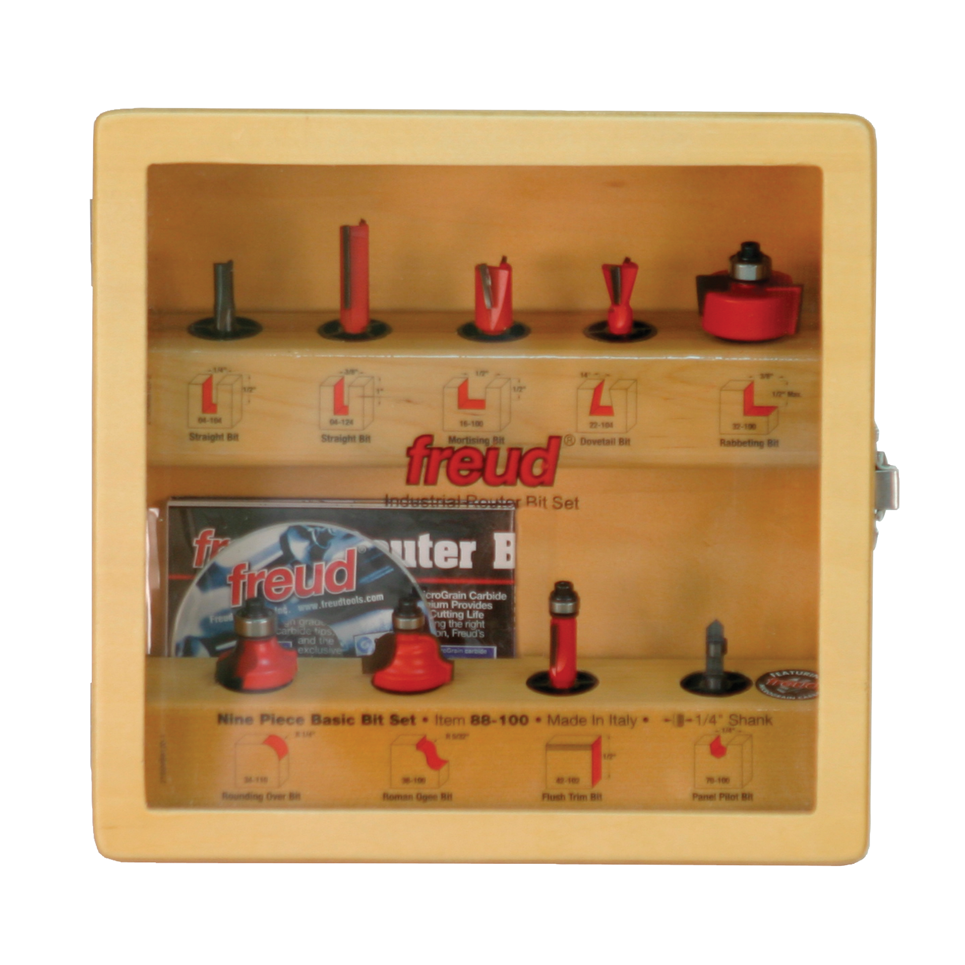 Nine router bits with 1/4" shanks displayed in wooden case with labeled slots for straight, roundover, and decorative bit sty
