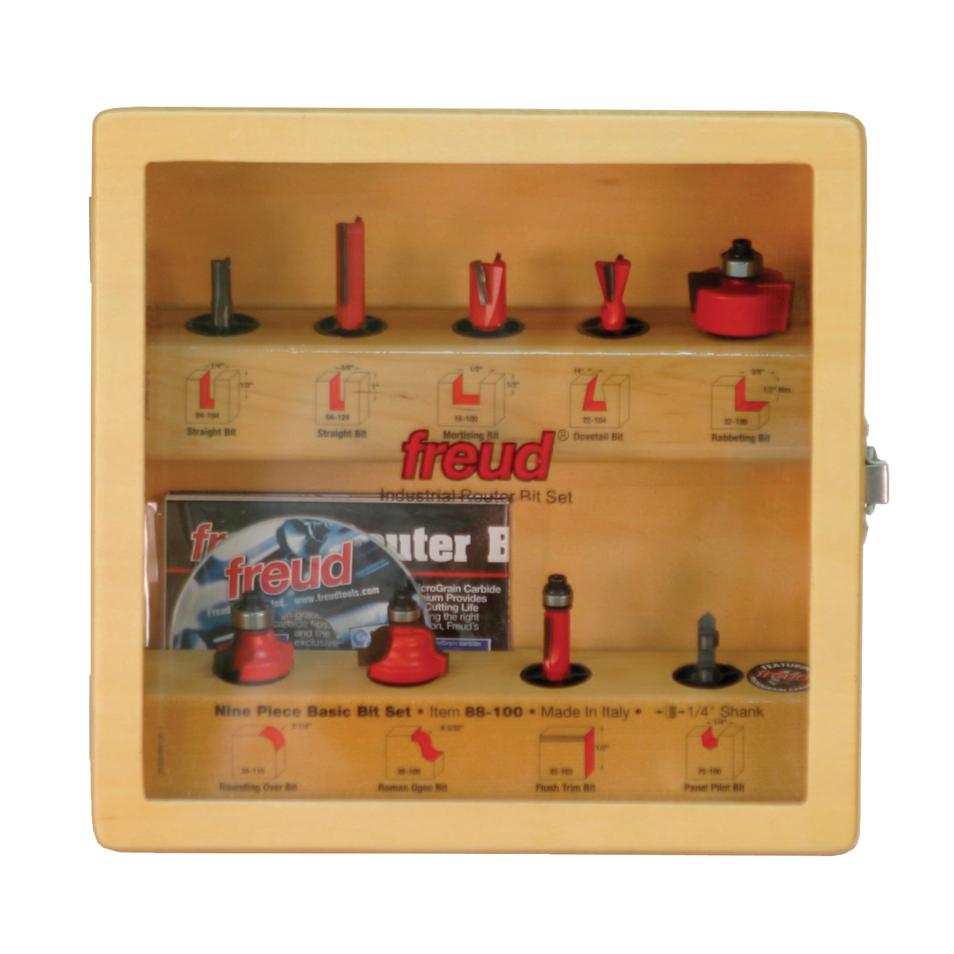 Nine router bits with 1/4" shanks displayed in wooden case with labeled slots for straight, roundover, and decorative bit sty