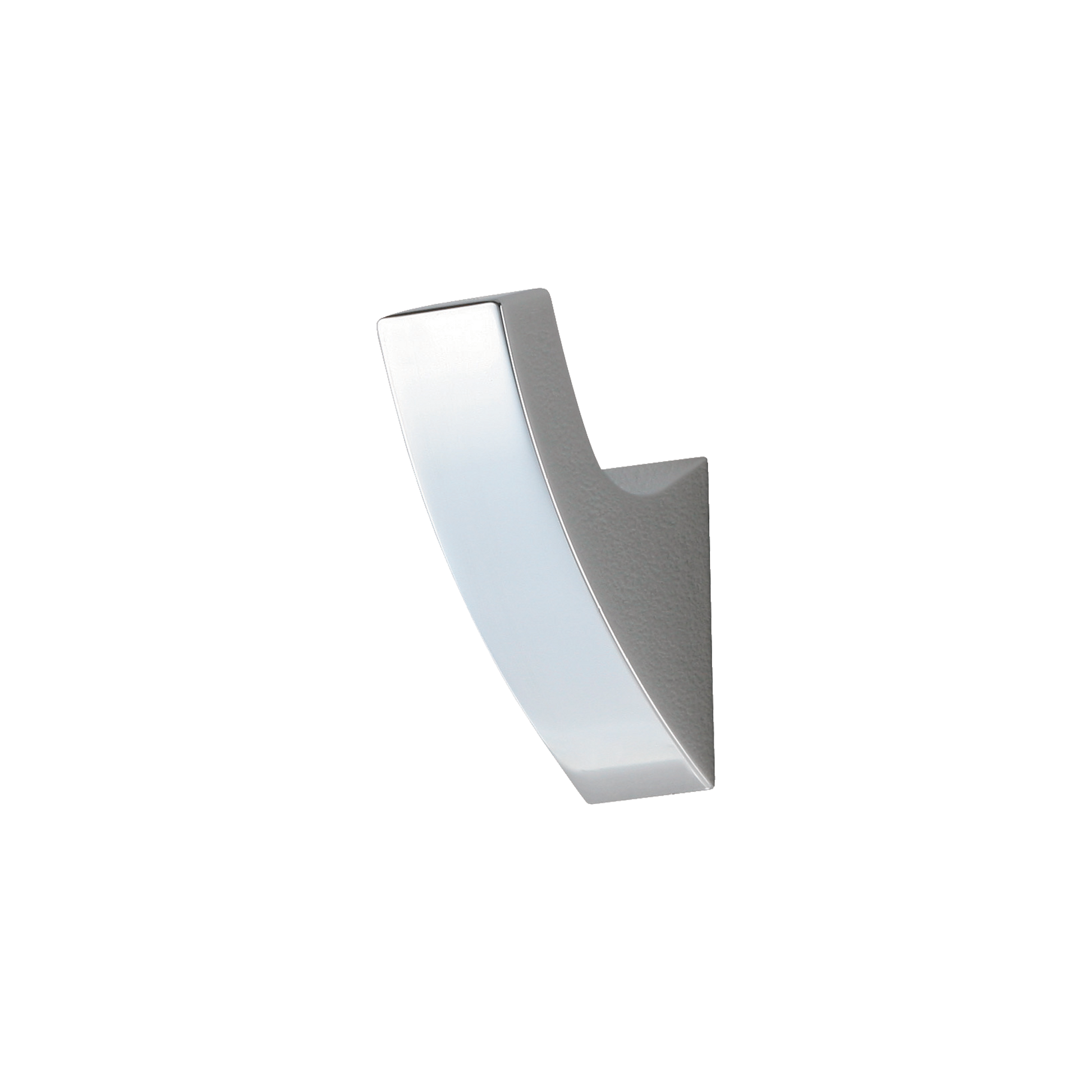 Polished chrome robe hook with square design and curved hook opening, mounted at an angle.