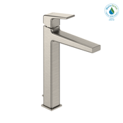 Brushed nickel single-handle vessel bathroom sink faucet with tall spout and square base design.