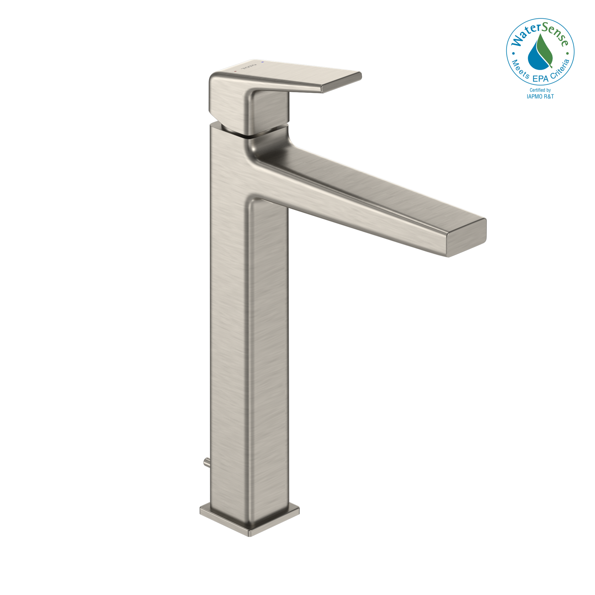 Brushed nickel single-handle vessel bathroom sink faucet with tall spout and square base design.