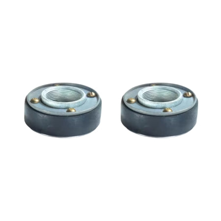 Two gray compression coupling nuts with threaded centers and mounting holes on white background.