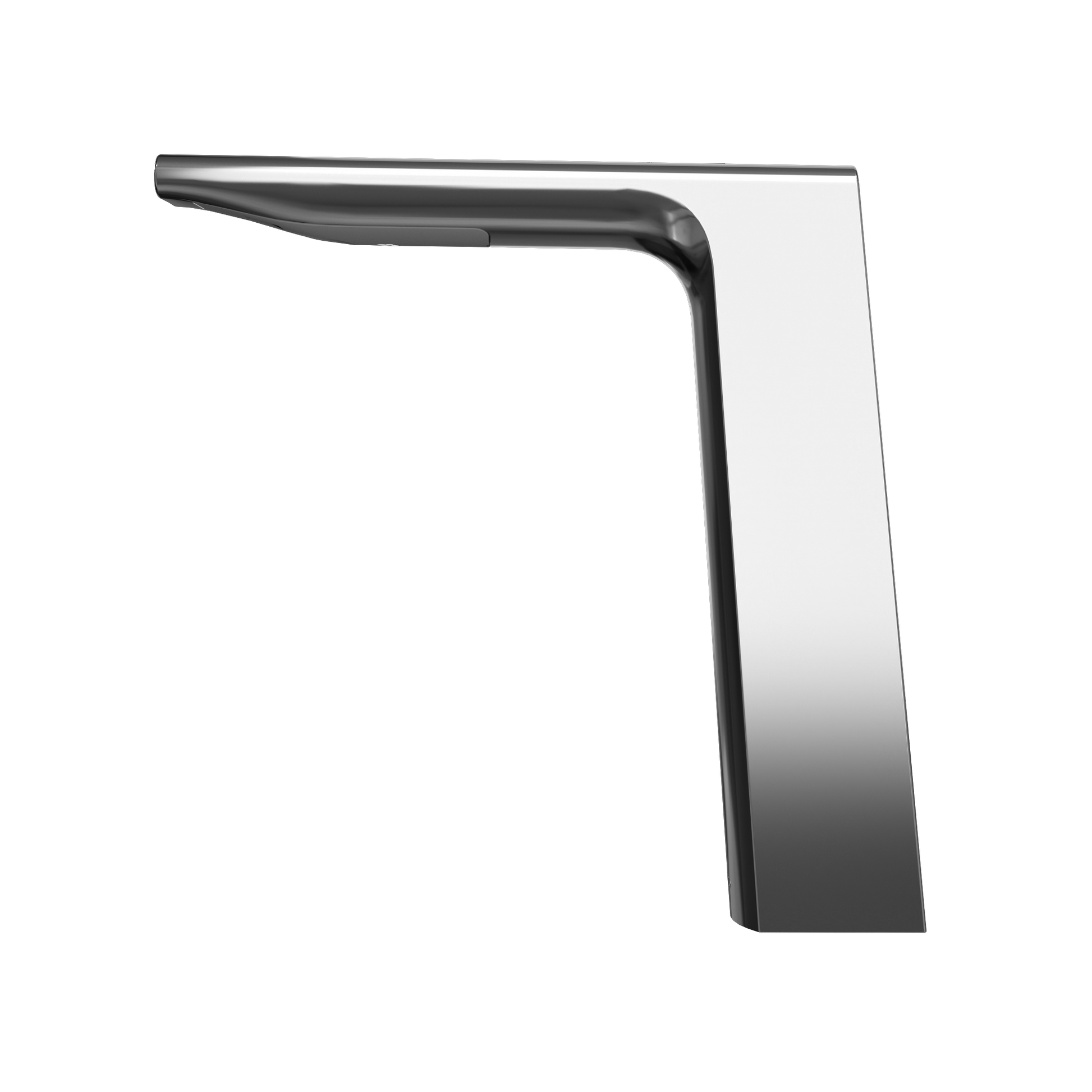 Polished chrome touchless bathroom faucet with curved spout and tall rectangular base.