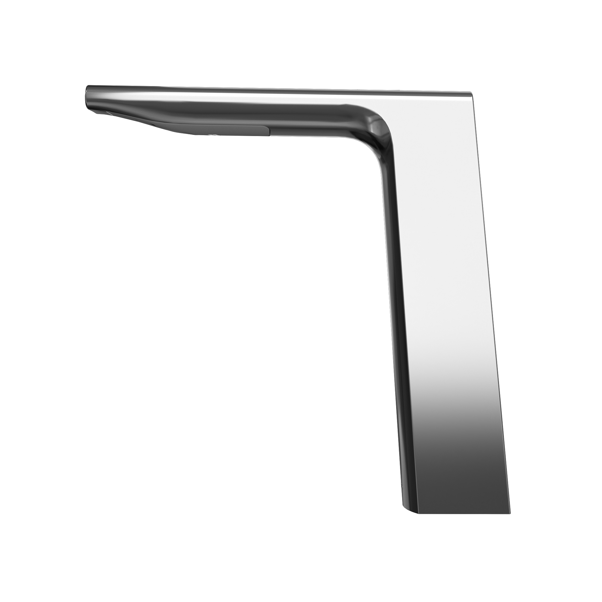 Polished chrome touchless bathroom faucet with curved spout and tall rectangular base.
