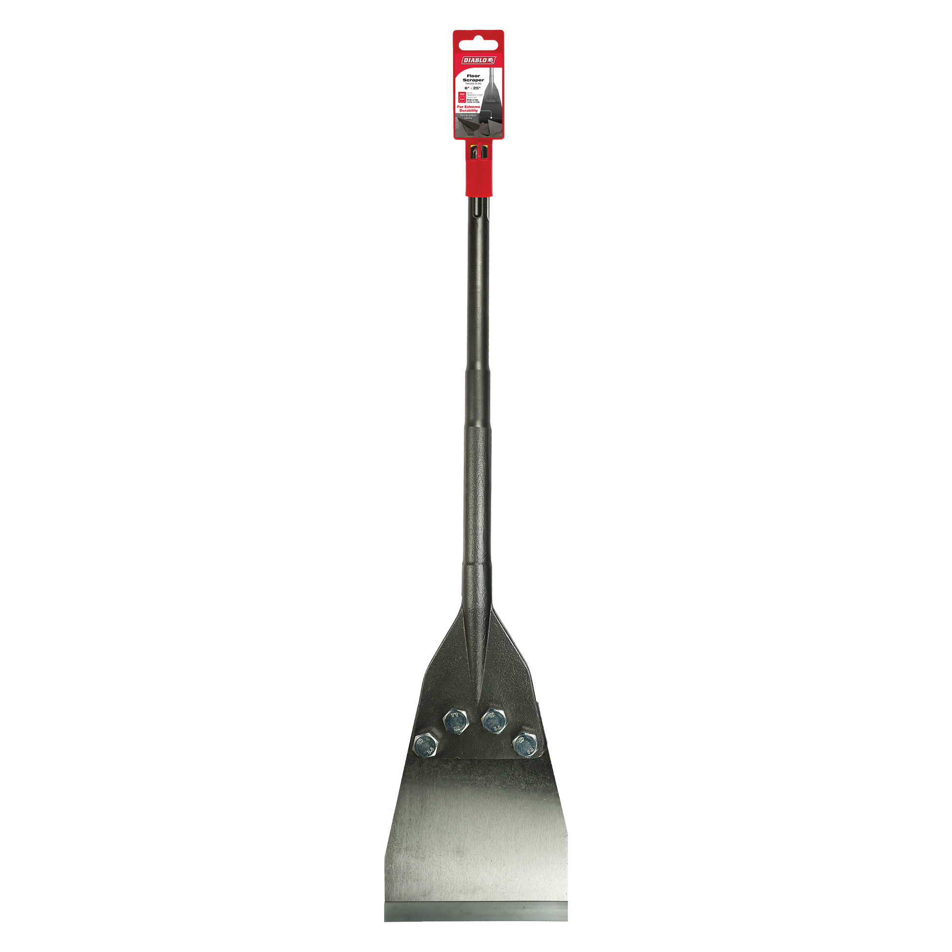 SDS-Max floor scraper with red grip handle and wide metal blade with mounting holes.