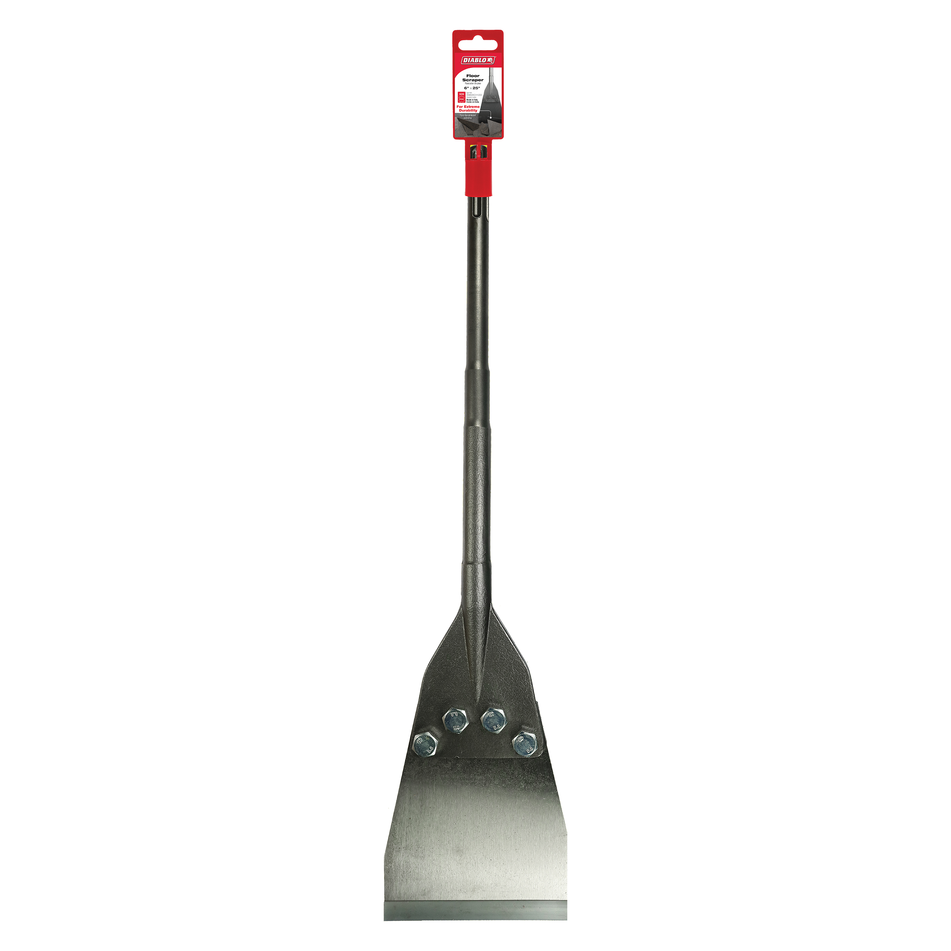 SDS-Max floor scraper with red grip handle and wide metal blade with mounting holes.