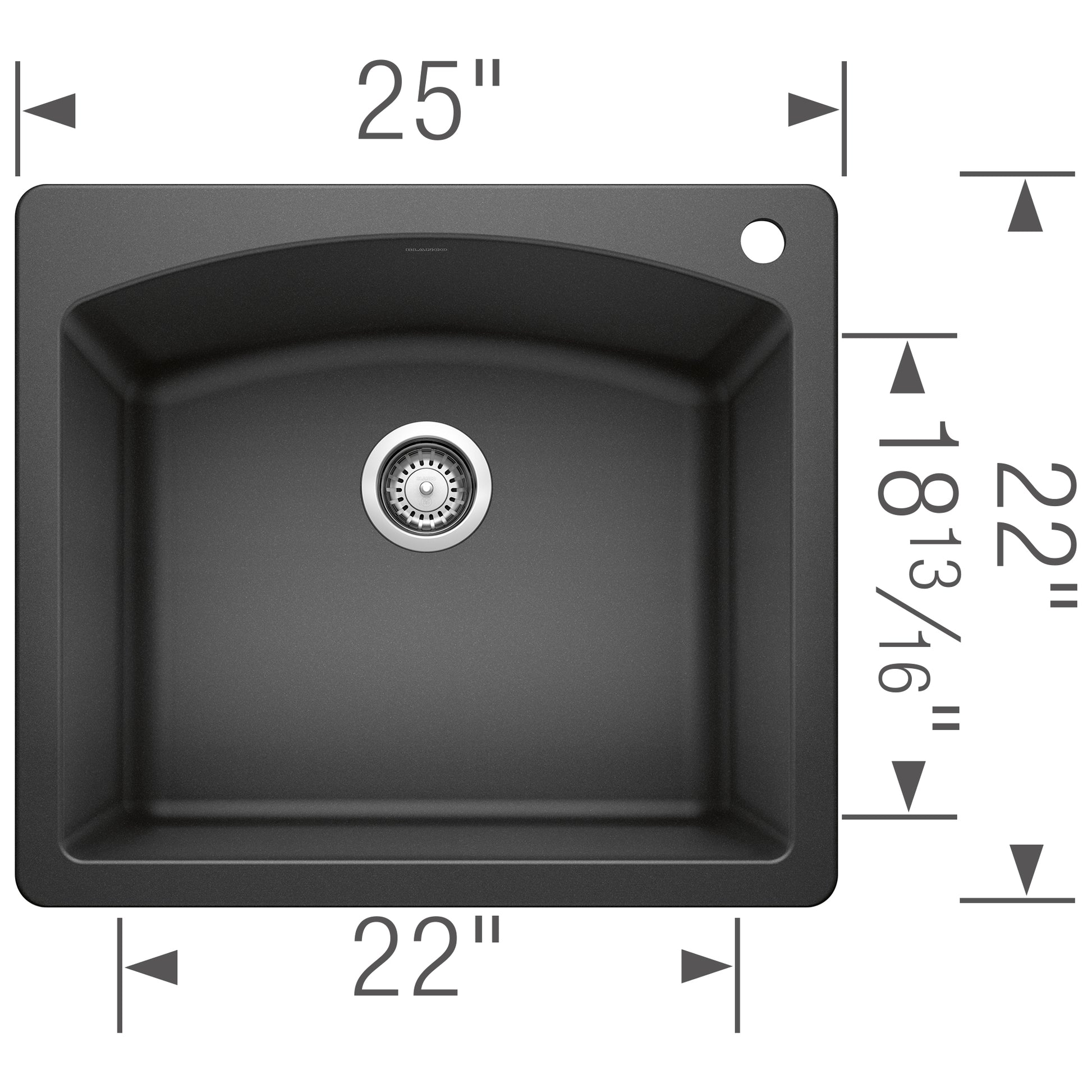 Anthracite single bowl drop-in kitchen sink with chrome strainer, 25" wide x 22" deep, dimensions labeled.