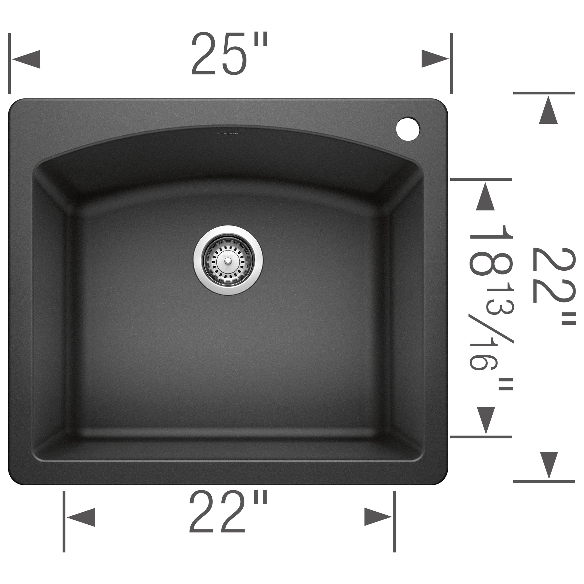 Anthracite single bowl drop-in kitchen sink with chrome strainer, 25" wide x 22" deep, dimensions labeled.