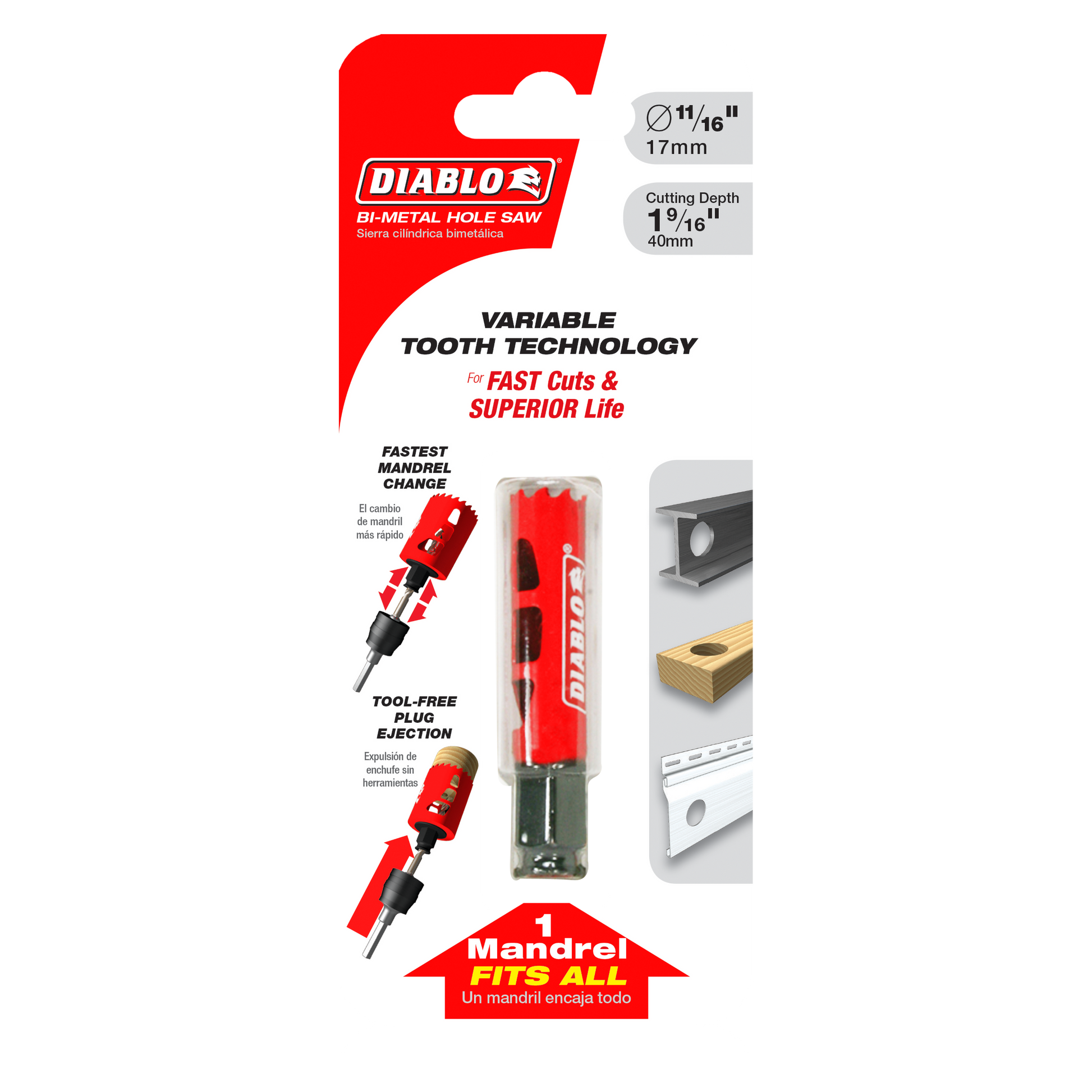 Diablo 11/16 inch bi-metal hole saw with red body, variable tooth technology, and tool-free plug ejection system shown in pac