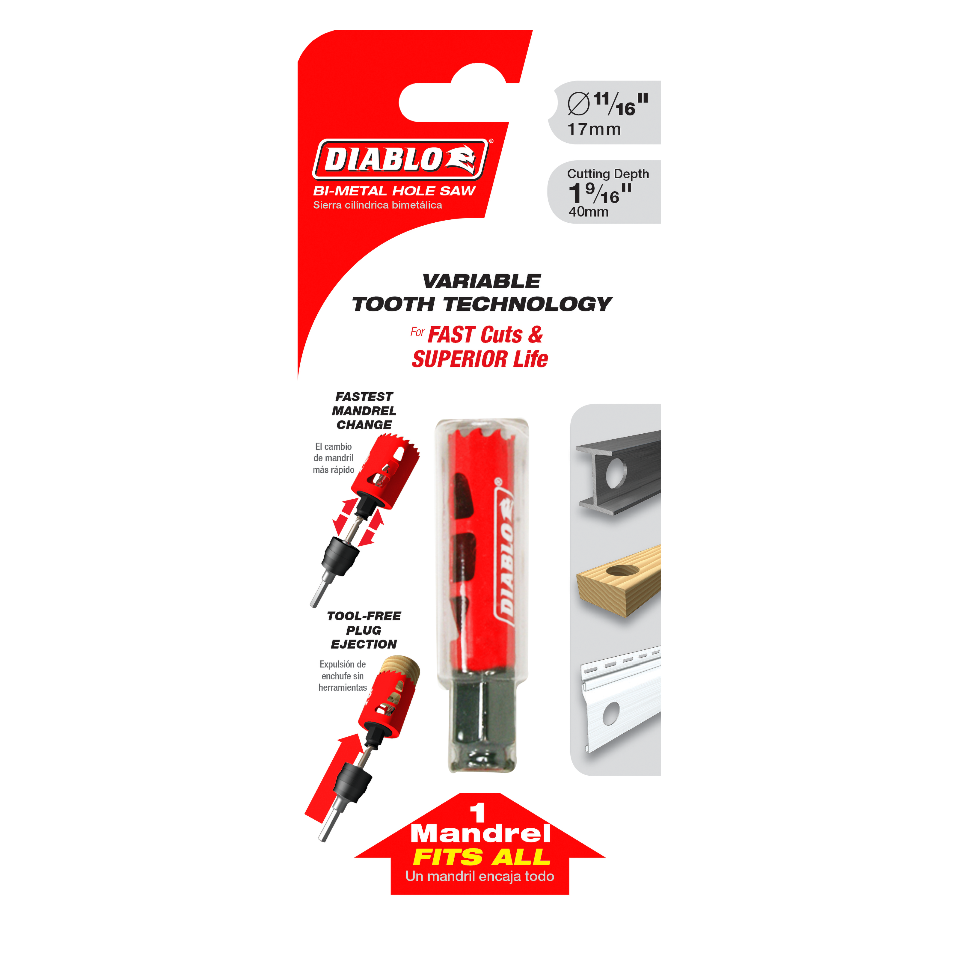 Diablo 11/16 inch bi-metal hole saw with red body, variable tooth technology, and tool-free plug ejection system shown in pac