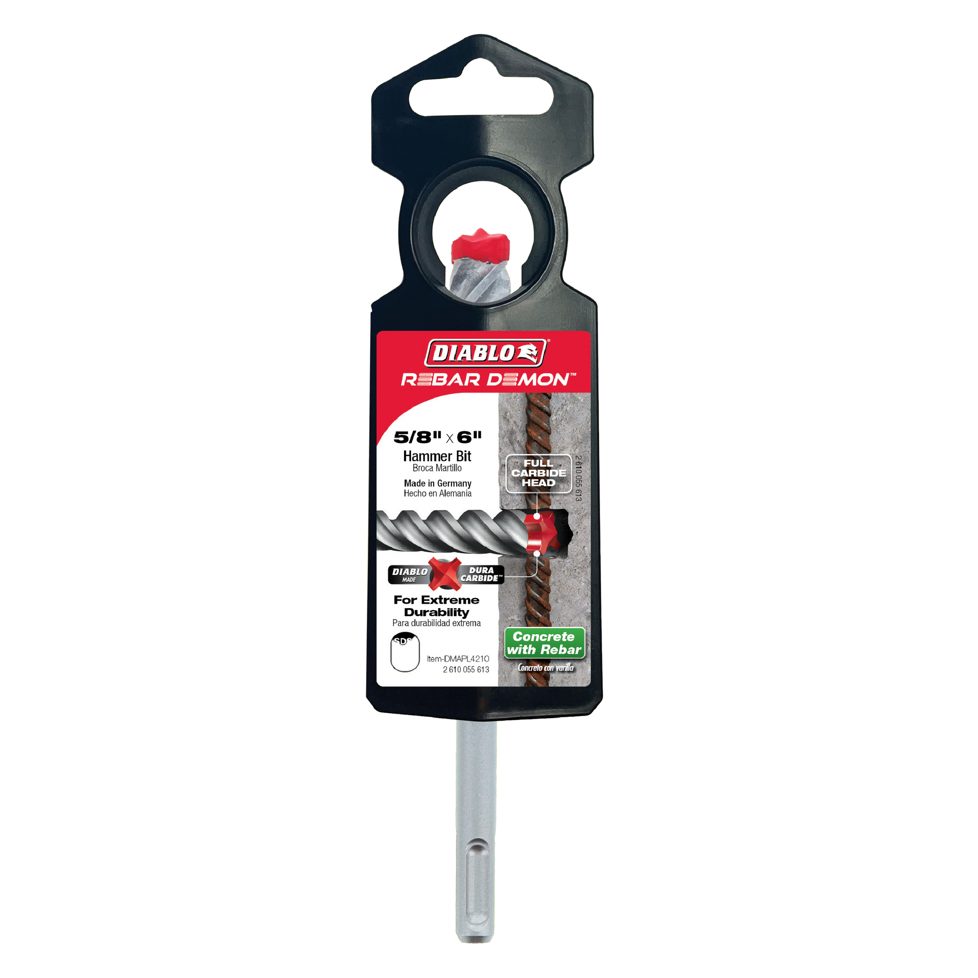 Diablo Rebar Demon SDS-Plus hammer drill bit with red carbide head and gray shaft in black retail packaging.