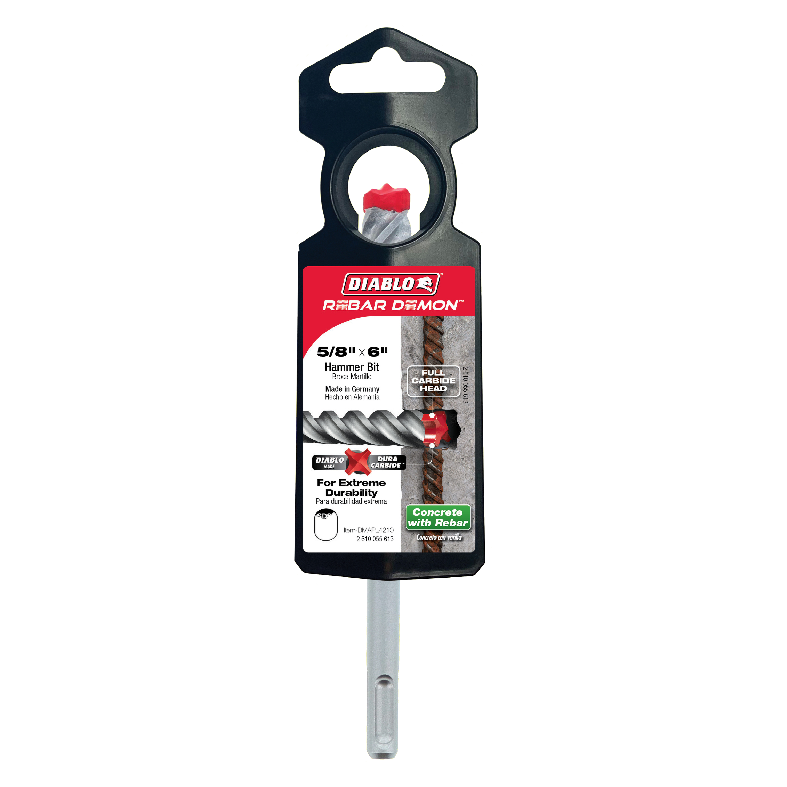 Diablo Rebar Demon SDS-Plus hammer drill bit with red carbide head and gray shaft in black retail packaging.