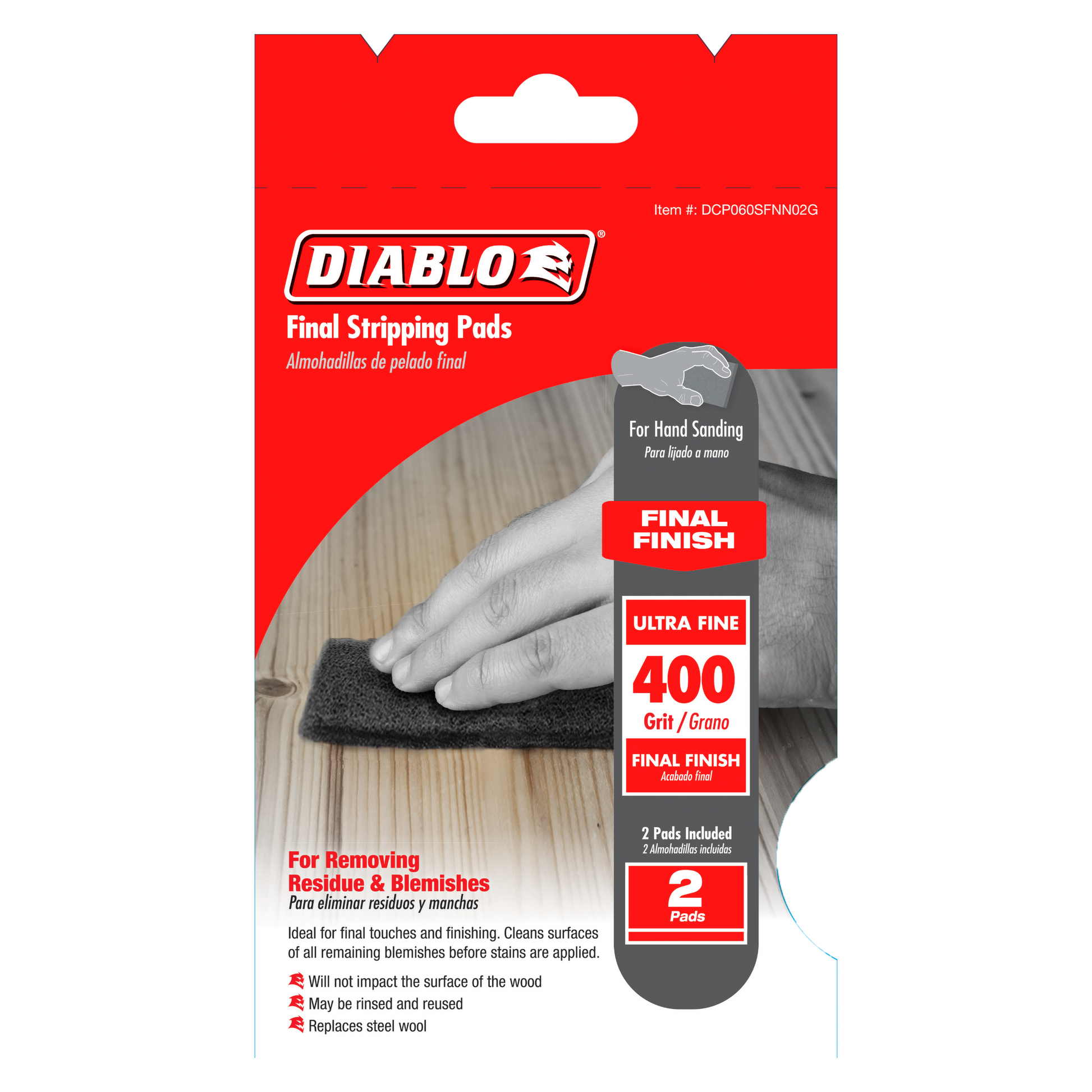 Two black 400-grit ultra fine stripping pads for hand sanding wood surfaces.