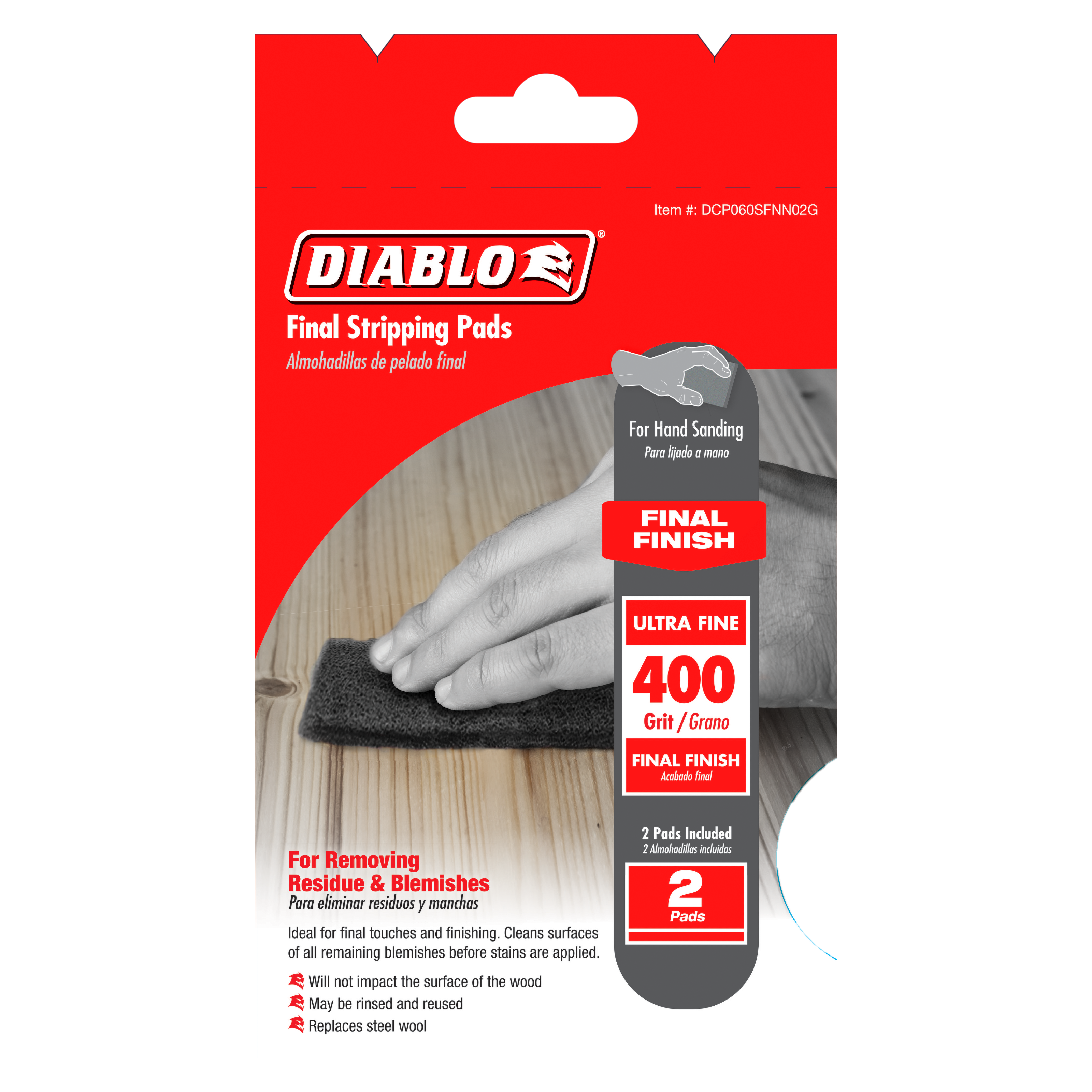 Two black 400-grit ultra fine stripping pads for hand sanding wood surfaces.